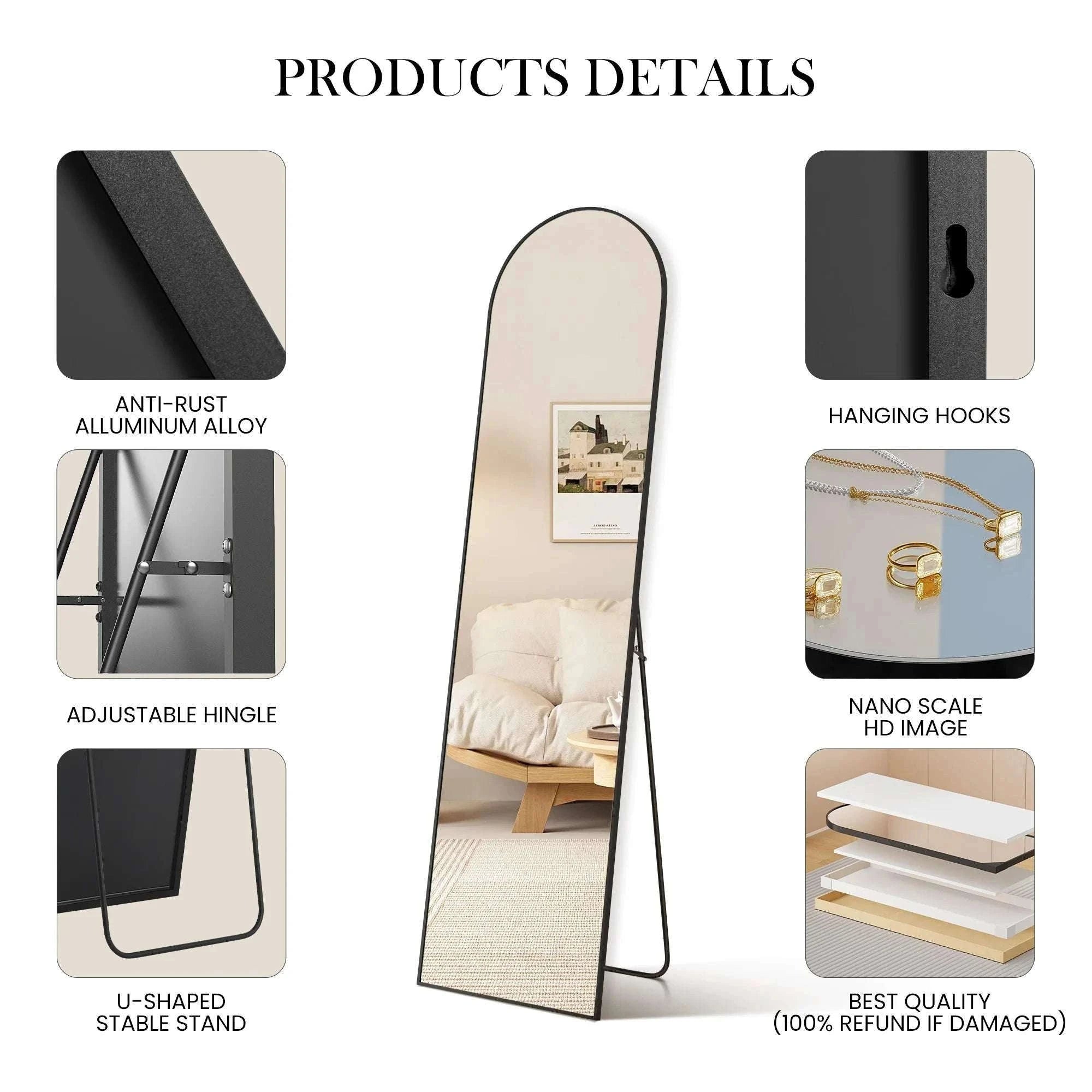 Full Length Floor Mirror with Stand & Slim Aluminum Frame-Gold-arched / United States
