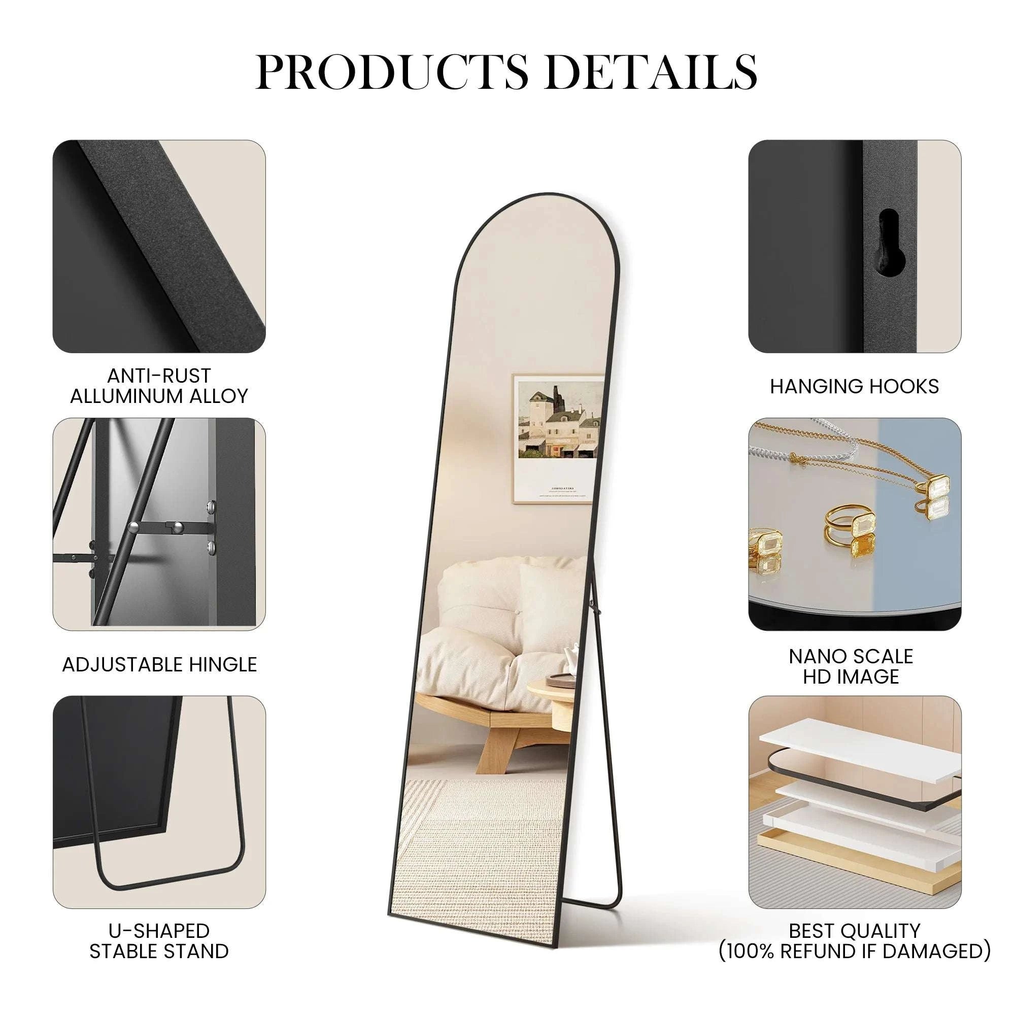 Full Length Floor Mirror with Stand & Slim Aluminum Frame-Gold-arched / United States