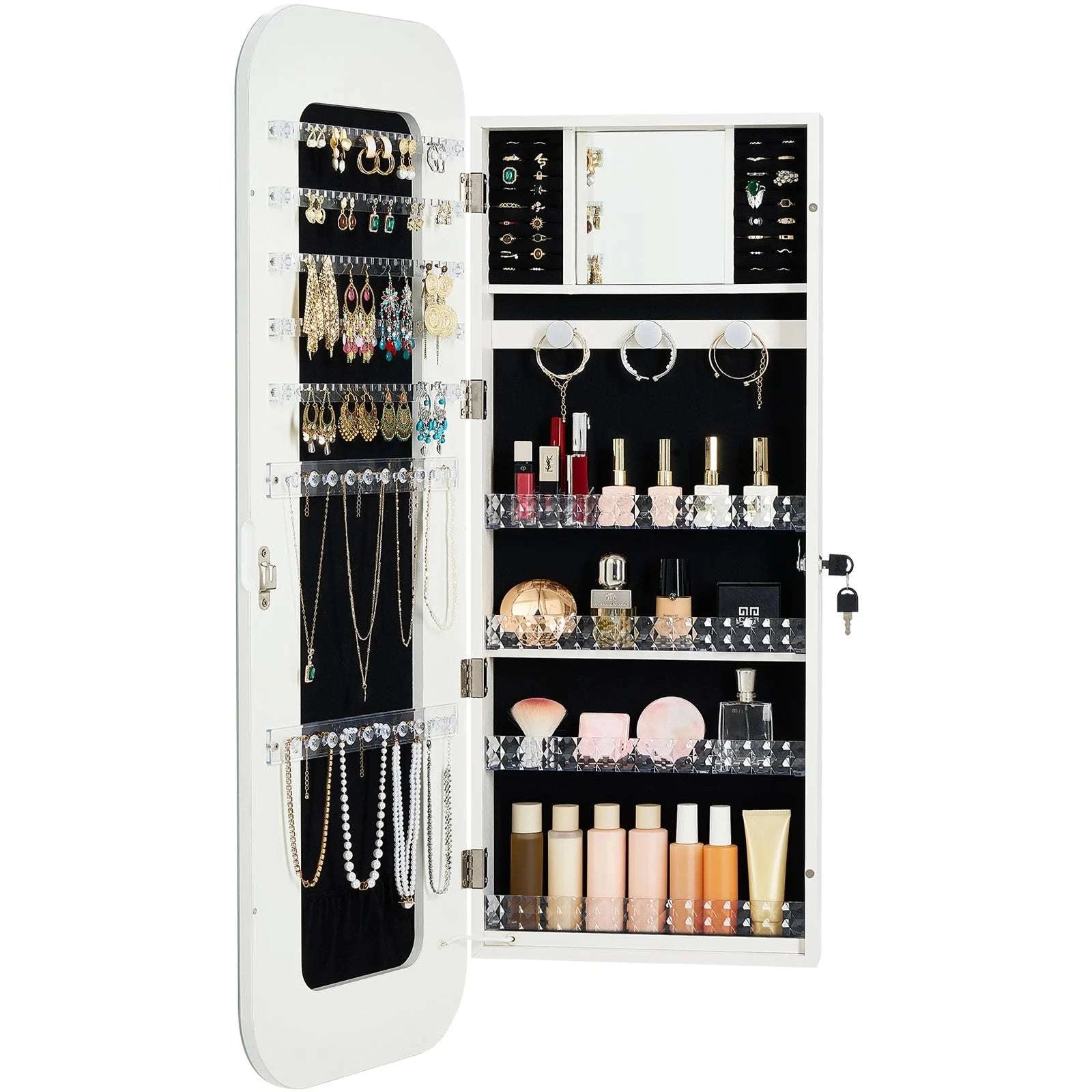 Full-Length Mirror Jewelry Cabinet with Lock & Hidden Storage-No LED / United States