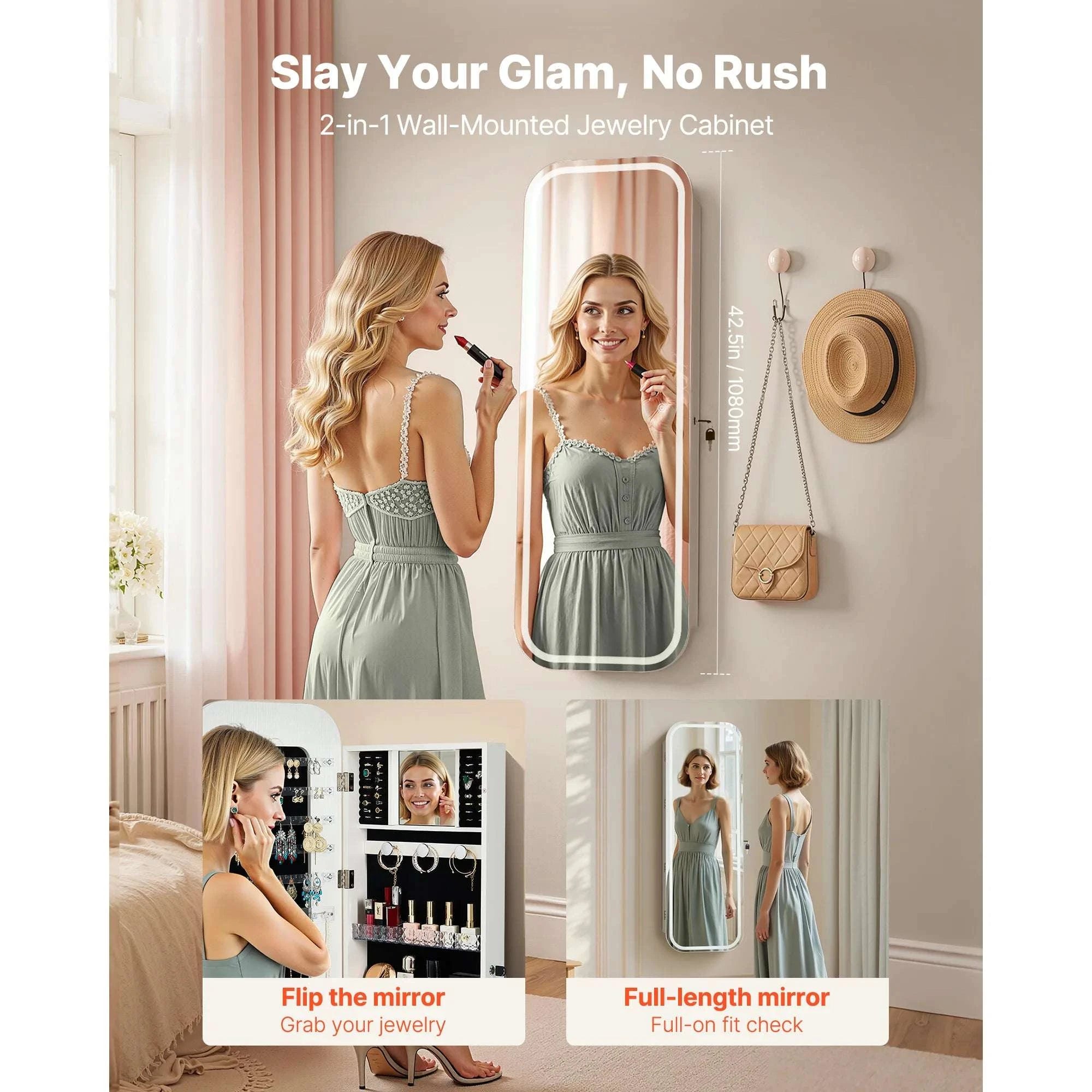 Full-Length Mirror Jewelry Cabinet with Lock & Hidden Storage-No LED / United States