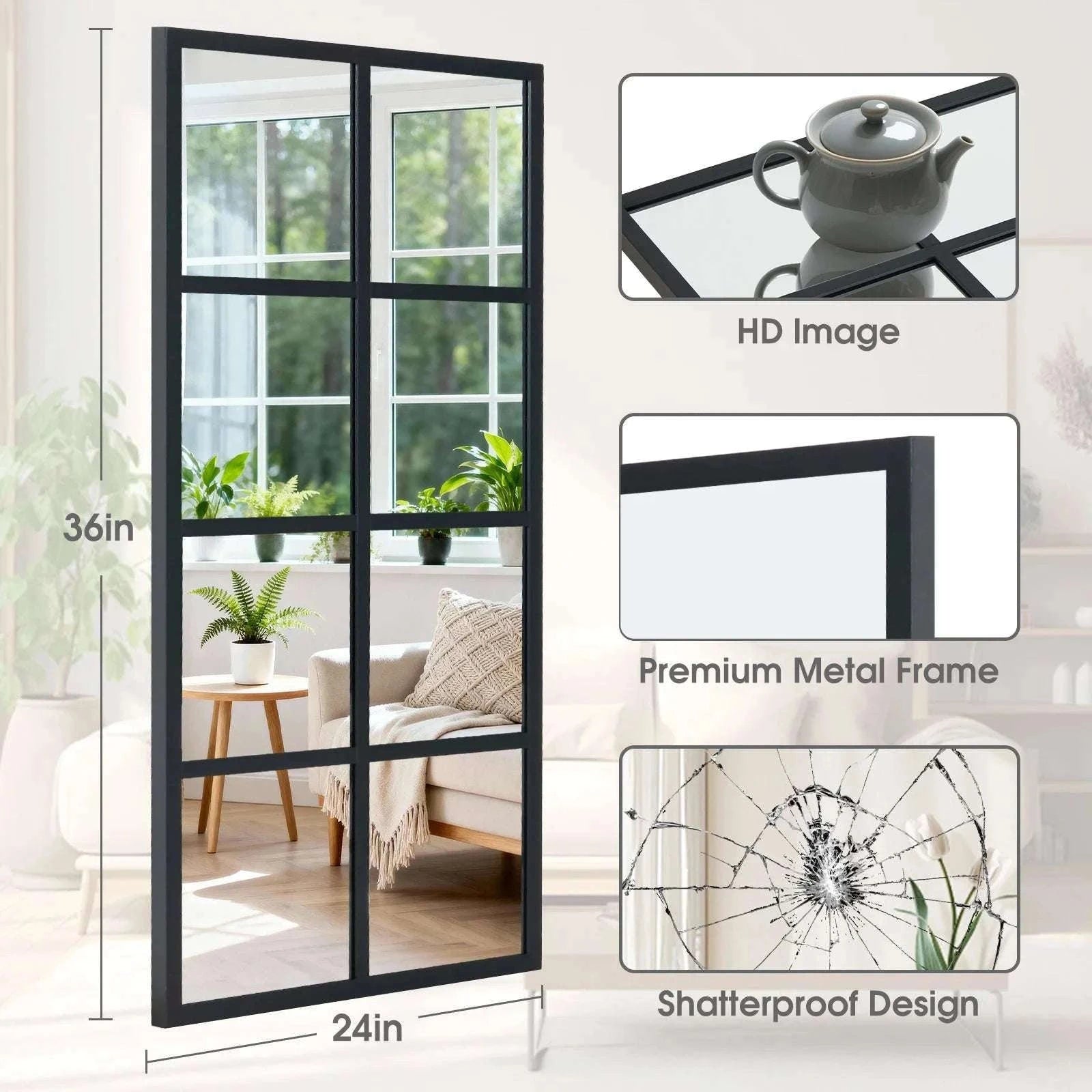 Full Length Window Pane Wall Mirror with Metal Frame 16x32-36L x 24W / United States