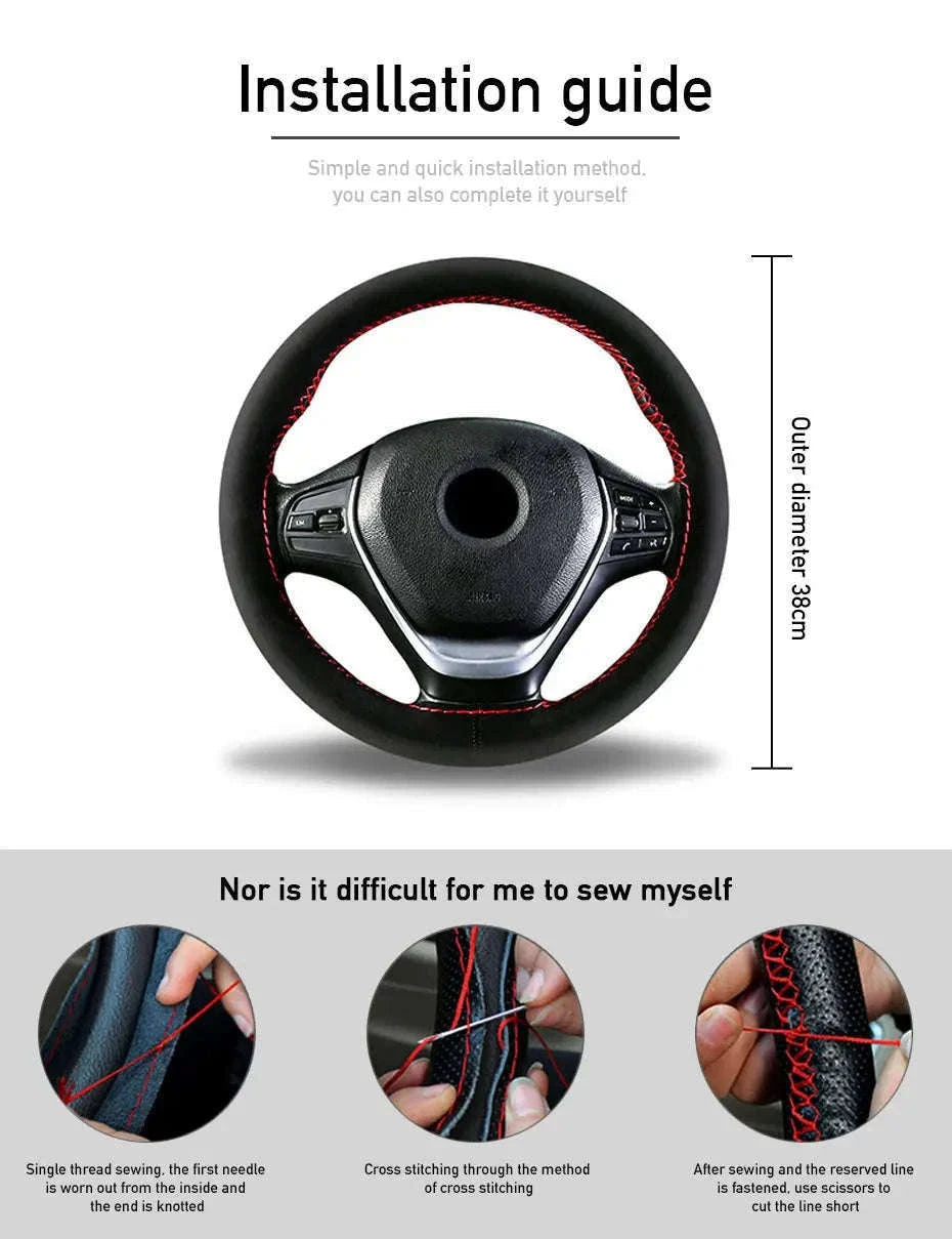 Fur Steering Wheel Cover 38cm Braided Anti Slip Leather-Blue Thread