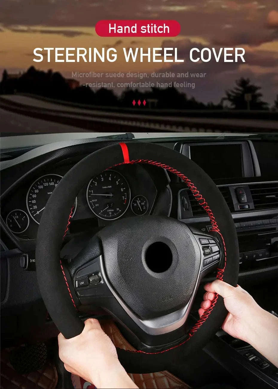 Fur Steering Wheel Cover 38cm Braided Anti Slip Leather-Blue Thread
