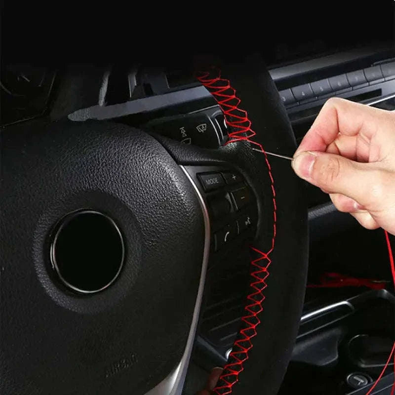 Fur Steering Wheel Cover 38cm Braided Anti Slip Leather-Blue Thread
