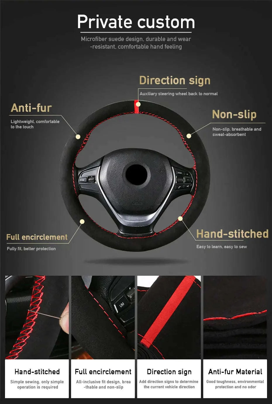 Fur Steering Wheel Cover 38cm Braided Anti Slip Leather-Blue Thread
