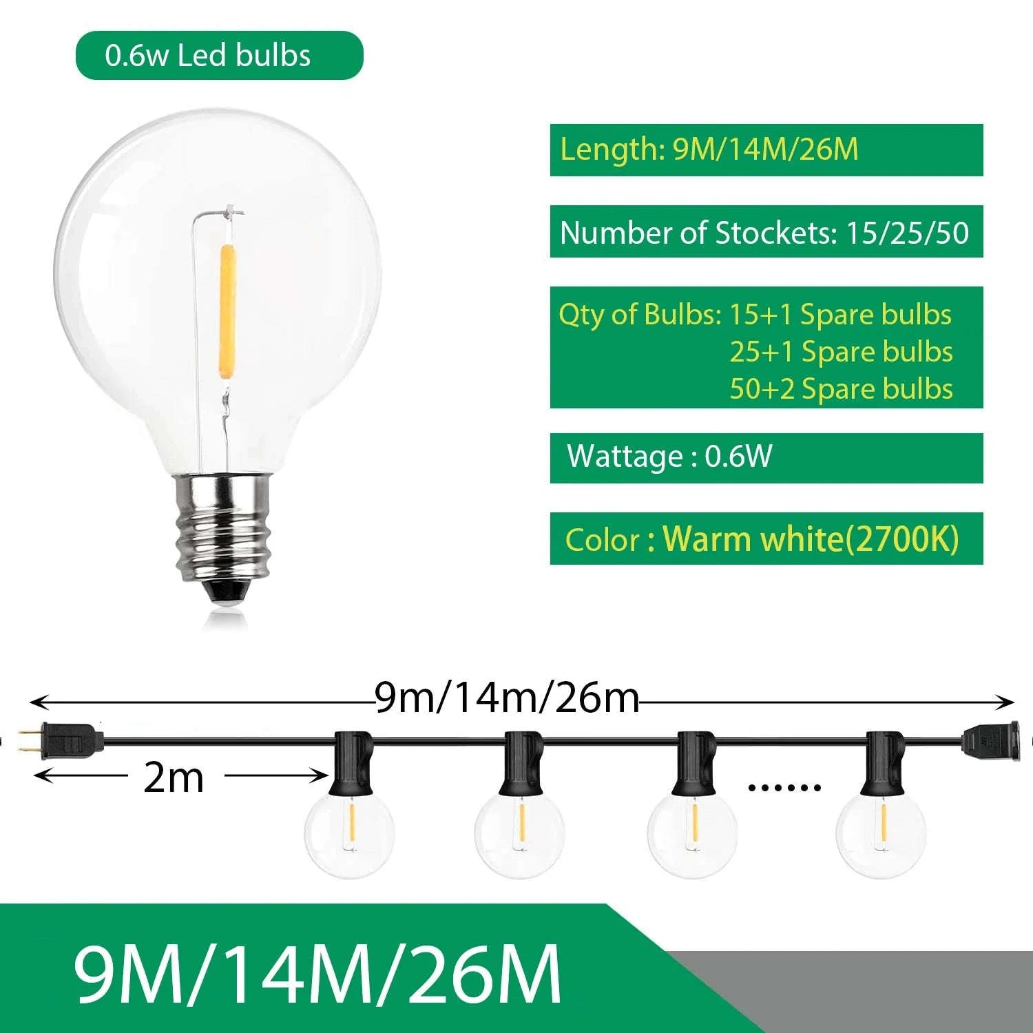 G40 Outdoor String Lights LED Globe Party Garland-9m 16bulbs / Poland / EU plug 220V