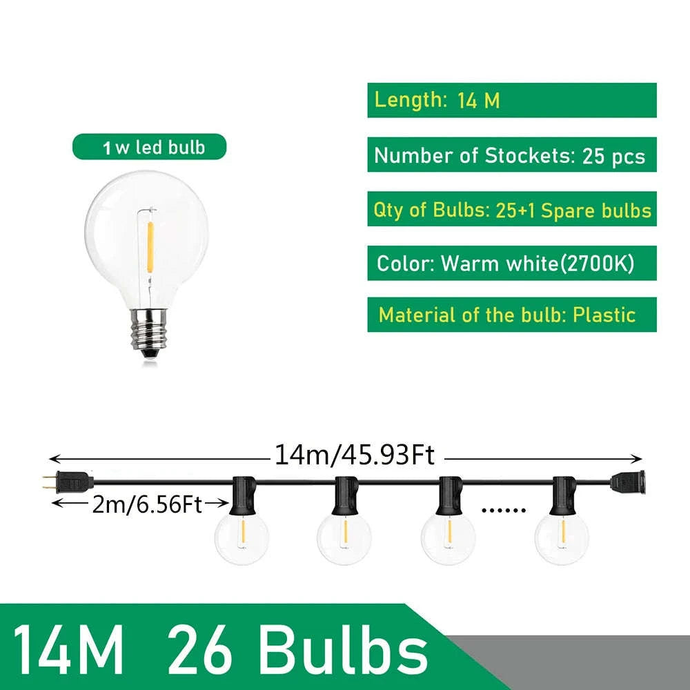 G40 Outdoor String Lights LED Globe Party Garland-9m 16bulbs / Poland / EU plug 220V