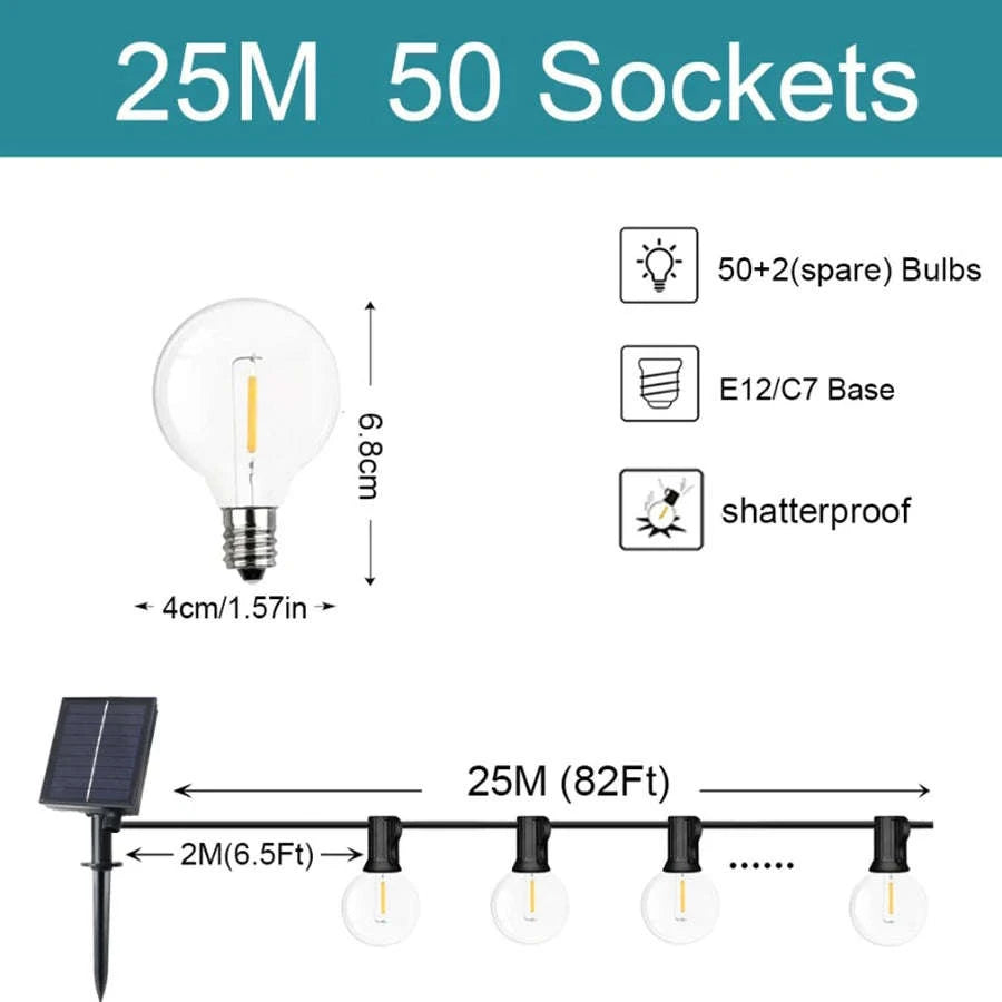 G40 Solar String Lights for Outdoor Ambience-12.5M 26 Bulbs / Poland
