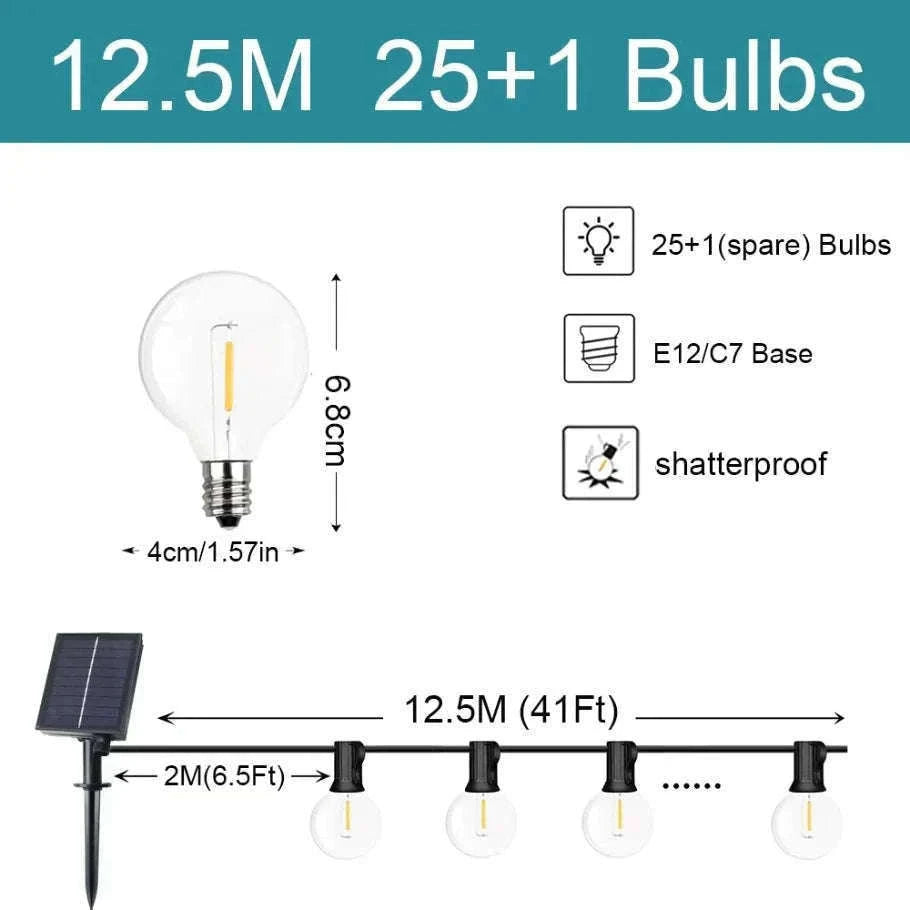 G40 Solar String Lights for Warm Outdoor Ambience-12.5M 26 Bulbs / Poland