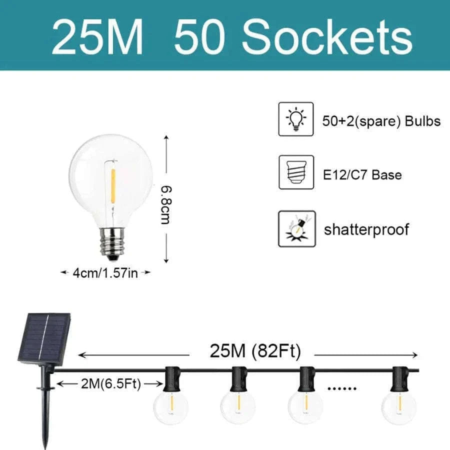 G40 Solar String Lights for Warm Outdoor Ambience-12.5M 26 Bulbs / Poland
