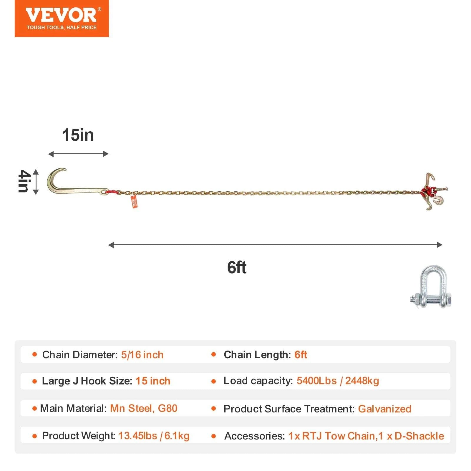 G80 J Hook Towing Chain 6ft 5400 lb Load with Multi Hooks-2PCS / UNITED KINGDOM