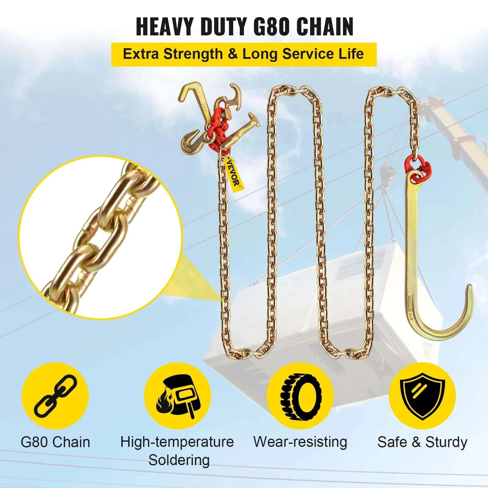 G80 J Hook V-Bridle Tow Chain 5/16in x 10–11.5ft 9260 lbs-16x10ft / CZECH REPUBLIC