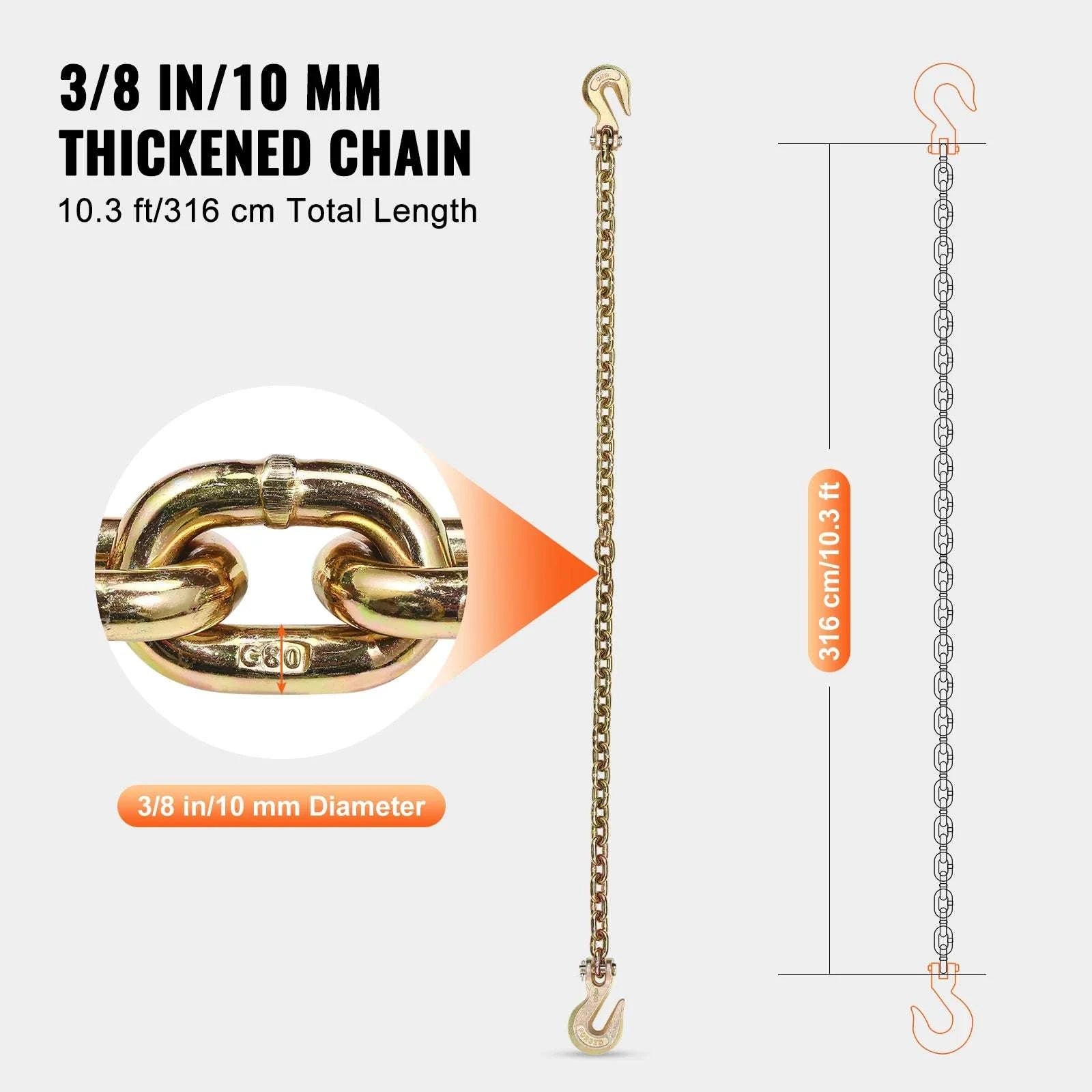 G80 Transport Binder Tow Chain 2-Pack with Clevis Hooks 10.3 ft-0.375inch / United States