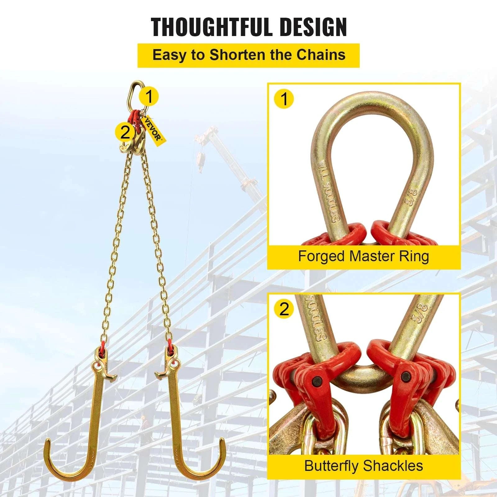G80 V-Bridle Tow Chain 5/16" x 2 ft with J & T Hooks-2ft / United States