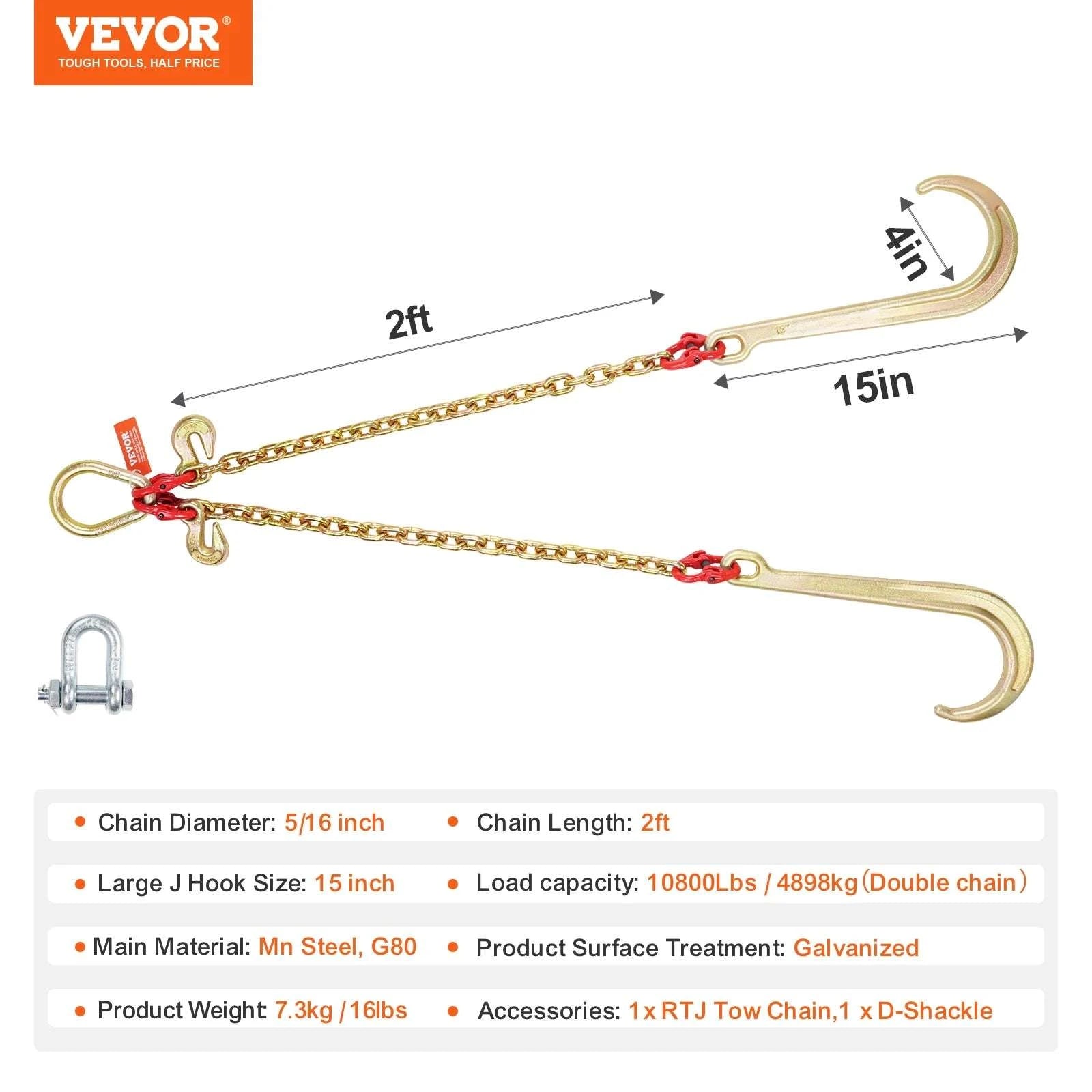 G80 V Bridle Tow Chain with J & Grab Hooks for Flatbed Recovery-8mm / United States