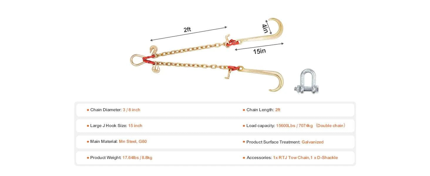 G80 V Bridle Tow Chain with J & Grab Hooks for Flatbed Recovery-8mm / United States