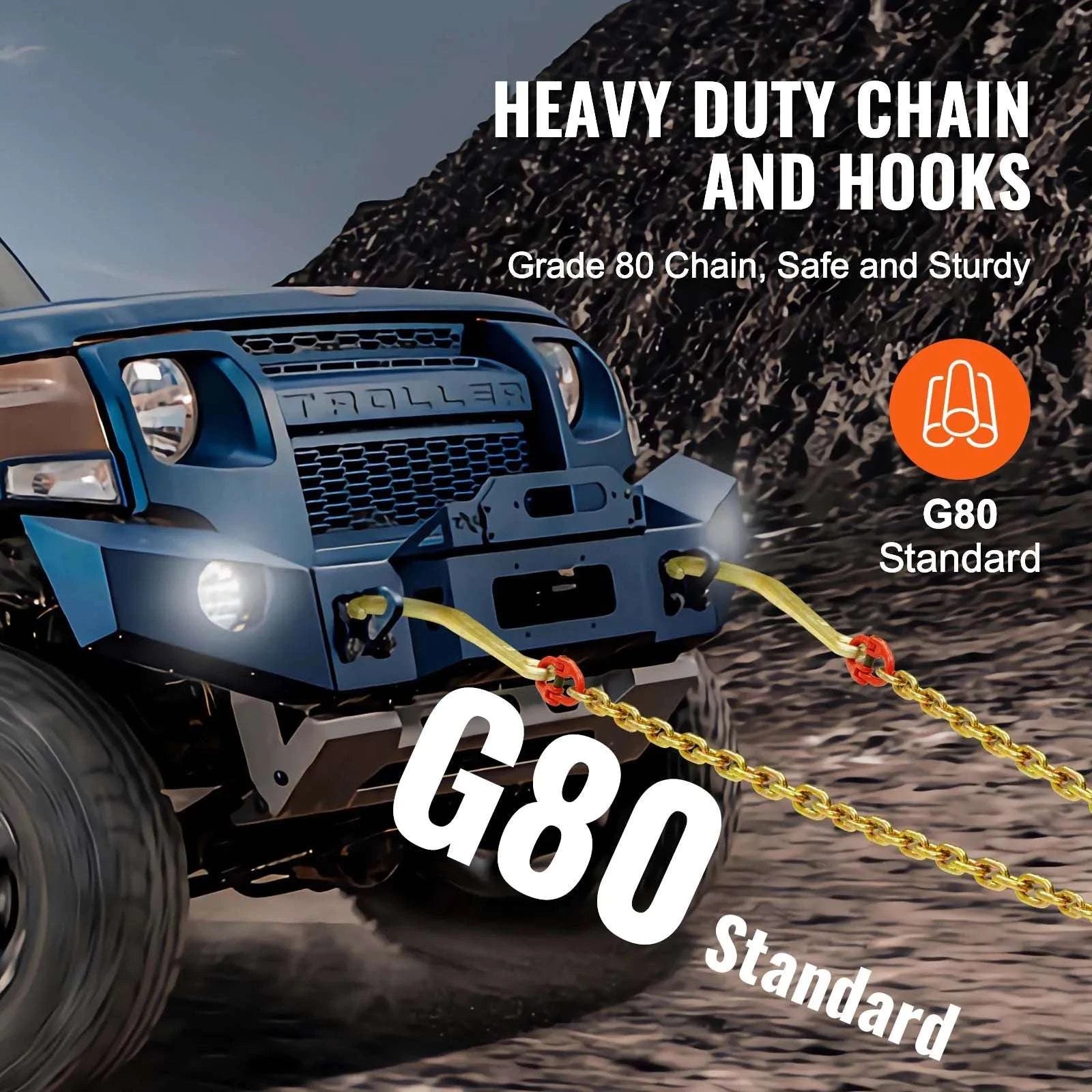 G80 V Bridle Tow Chain with J & Grab Hooks for Flatbed Recovery-8mm / United States