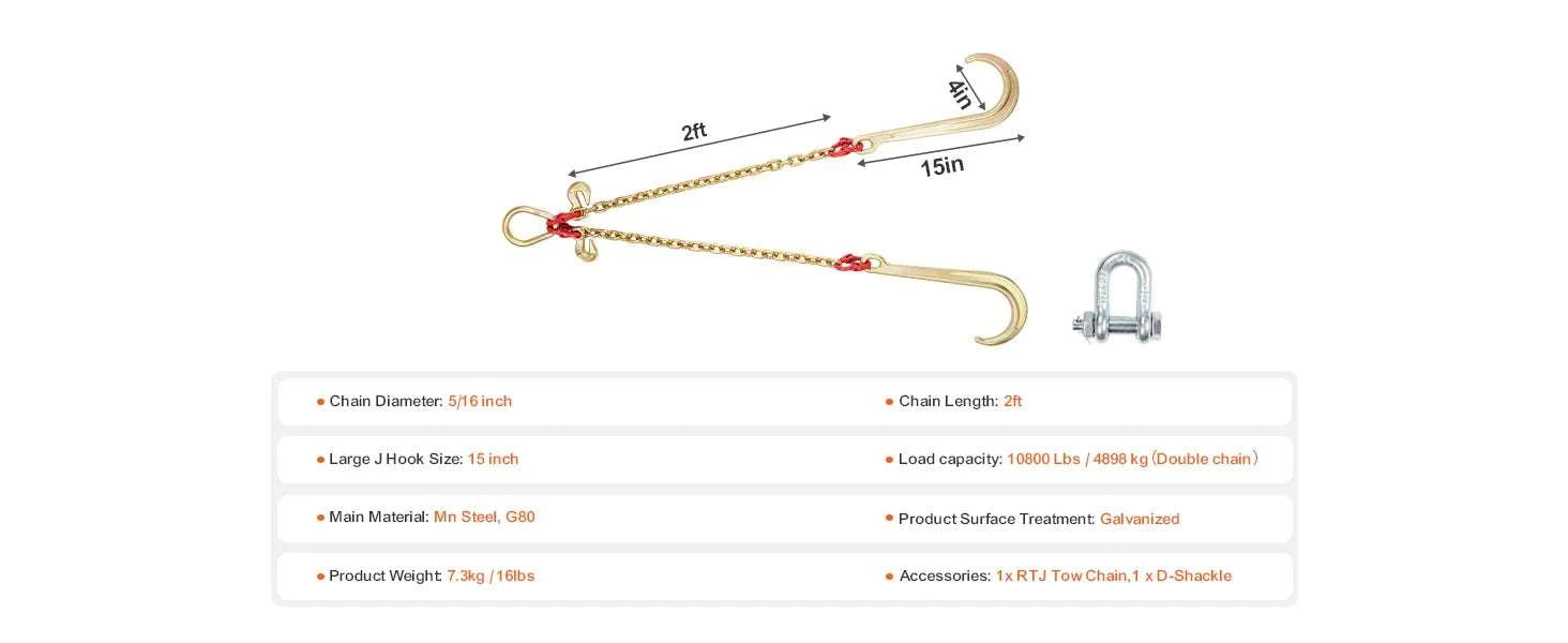 G80 V Bridle Tow Chain with J & Grab Hooks for Flatbed Recovery-8mm / United States