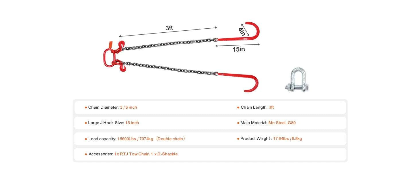 G80 V Bridle Tow Chain with J Hooks & Grab Hooks 15600 lbs-3ft / United States