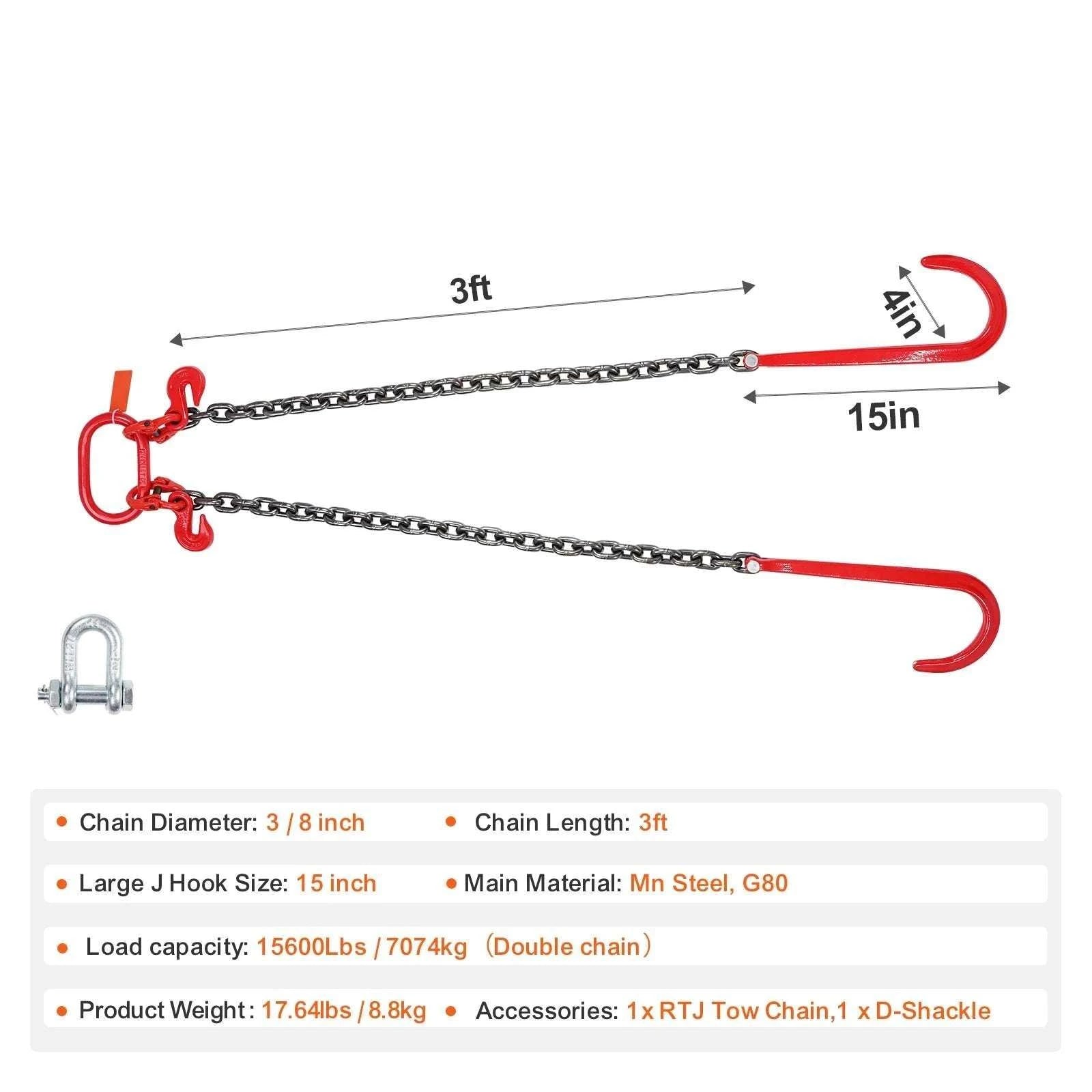 G80 V Bridle Tow Chain with J Hooks & Grab Hooks 15600 lbs-3ft / United States