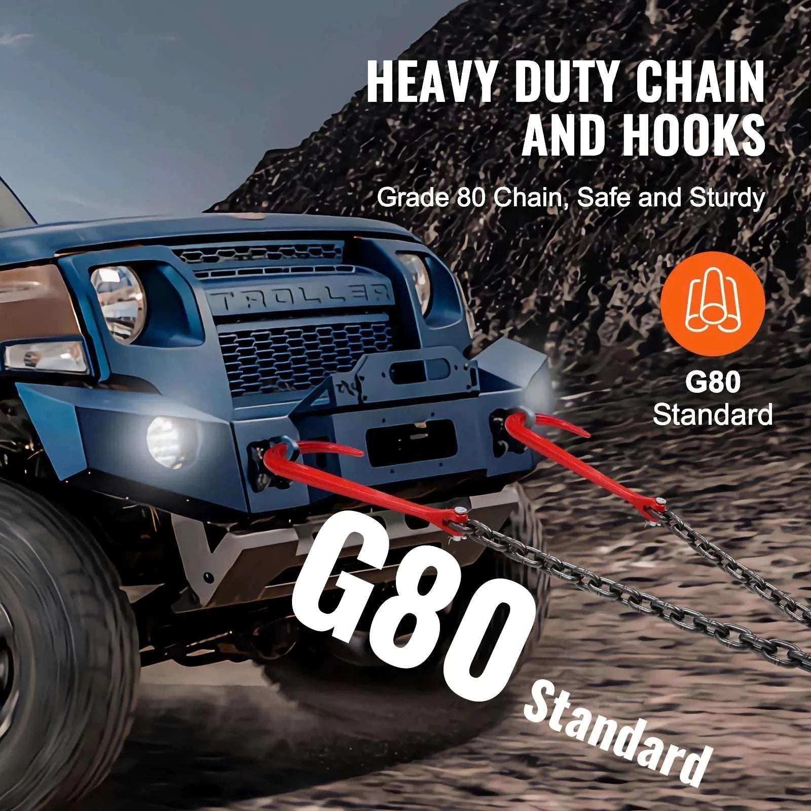 G80 V Bridle Tow Chain with J Hooks & Grab Hooks 15600 lbs-3ft / United States