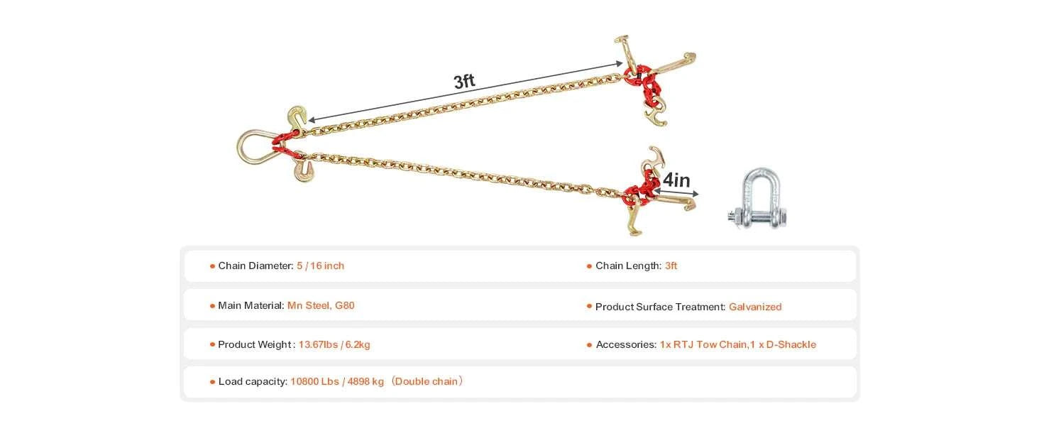 G80 V Bridle Towing Chain with RTJ & Grab Hooks 10800 lbs-3ft / spain