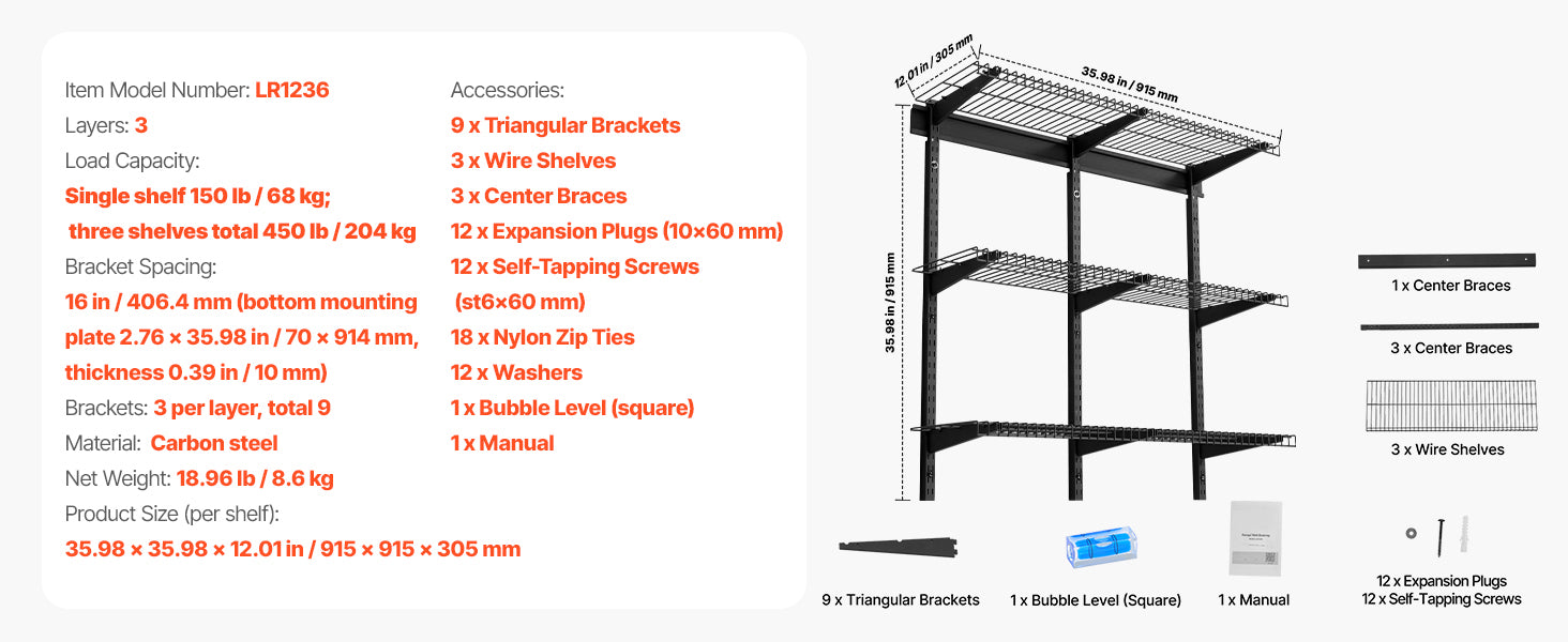 3-Tier Wall Mounted Garage Shelving Unit 450 lbs Steel Storage