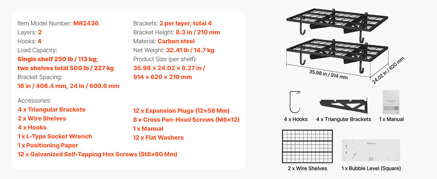 Heavy-Duty Garage Wall Shelving 2-Tier Steel Rack with Hooks