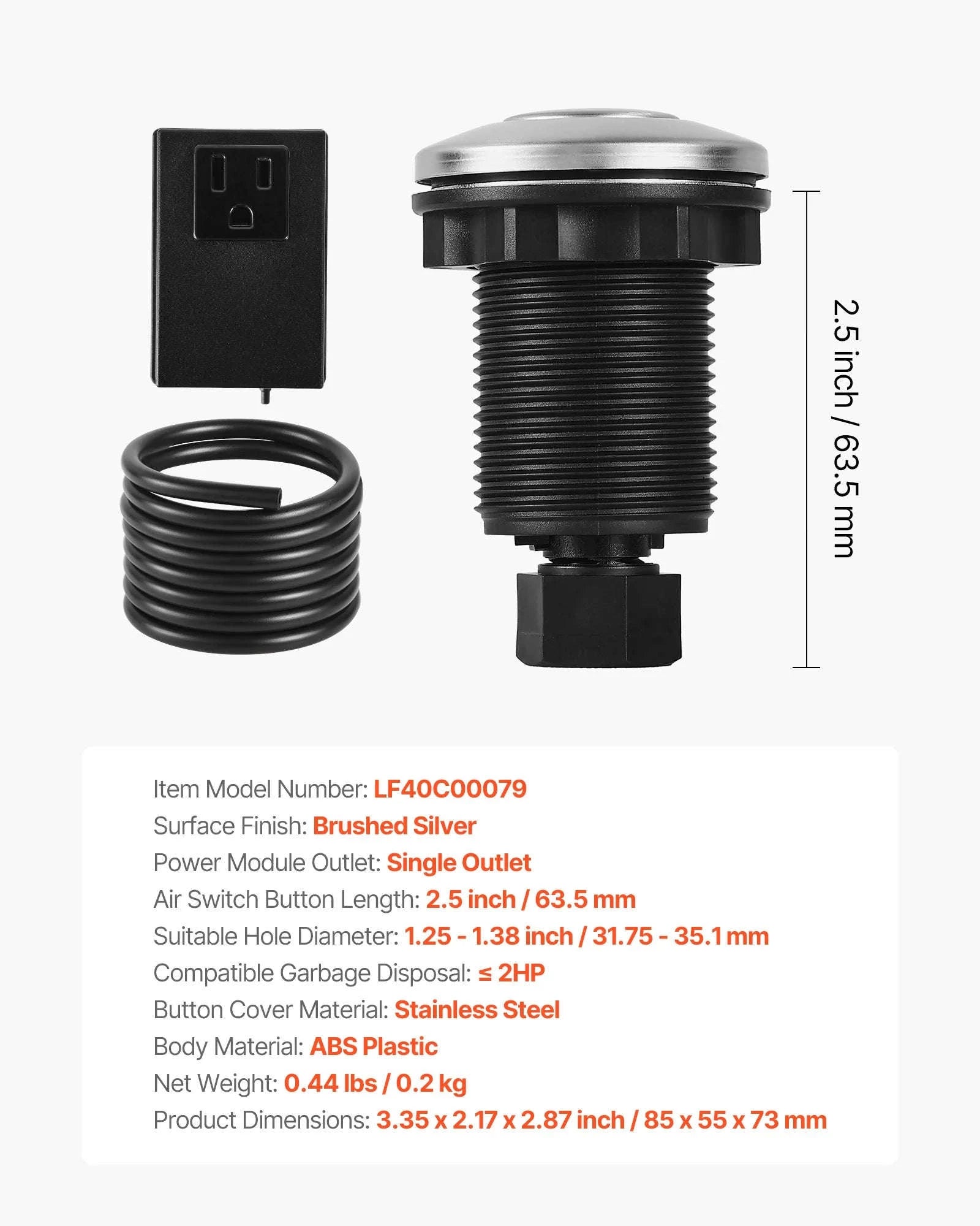 Garbage Disposal Air Switch Kit Dual Outlet Sink Top On/Off Button-3.5in Silver 2 / United States