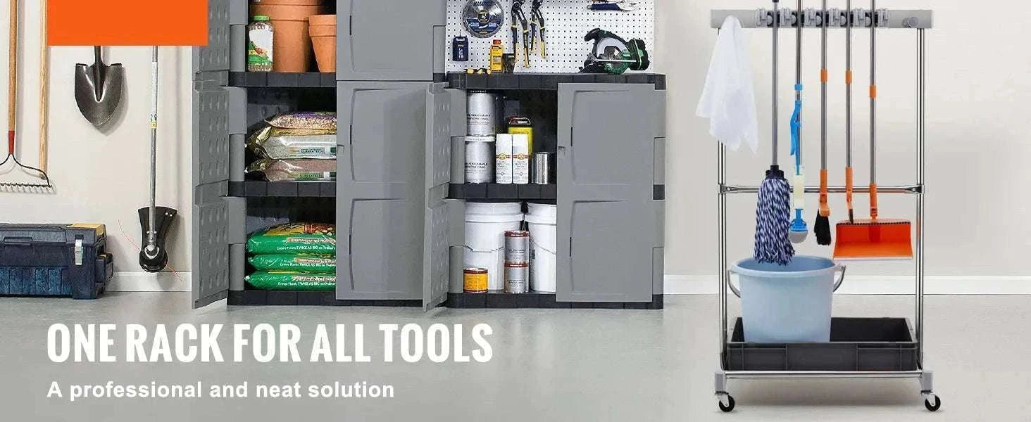 Garden Tool Organizer Rack with 10 Slots, Hooks & Rolling Wheels-10 Slots / United States