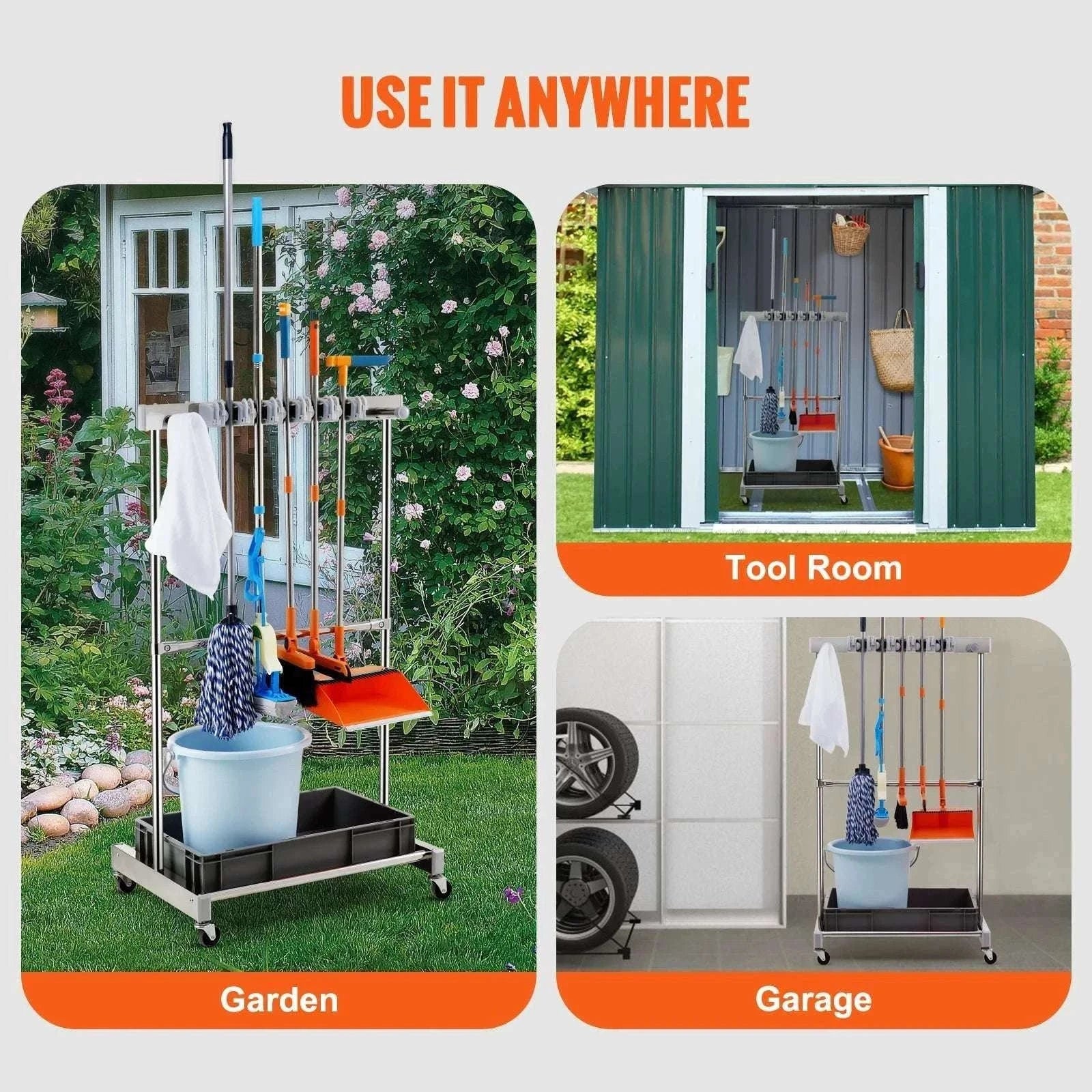 Garden Tool Organizer Rack with 10 Slots, Hooks & Rolling Wheels-10 Slots / United States