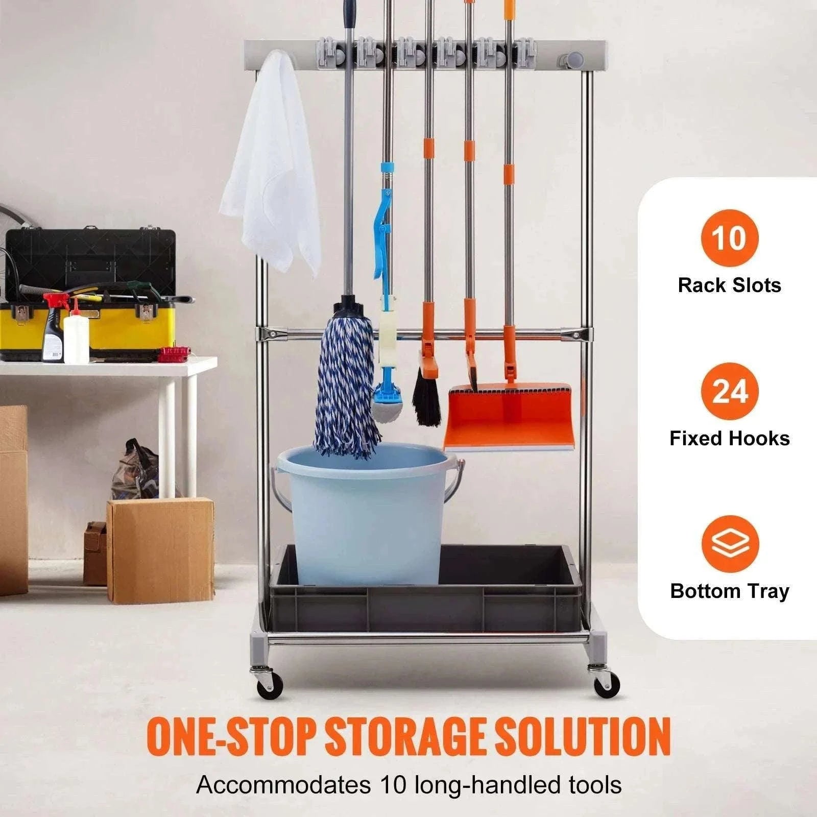 Garden Tool Organizer Rack with 10 Slots, Hooks & Rolling Wheels-10 Slots / United States