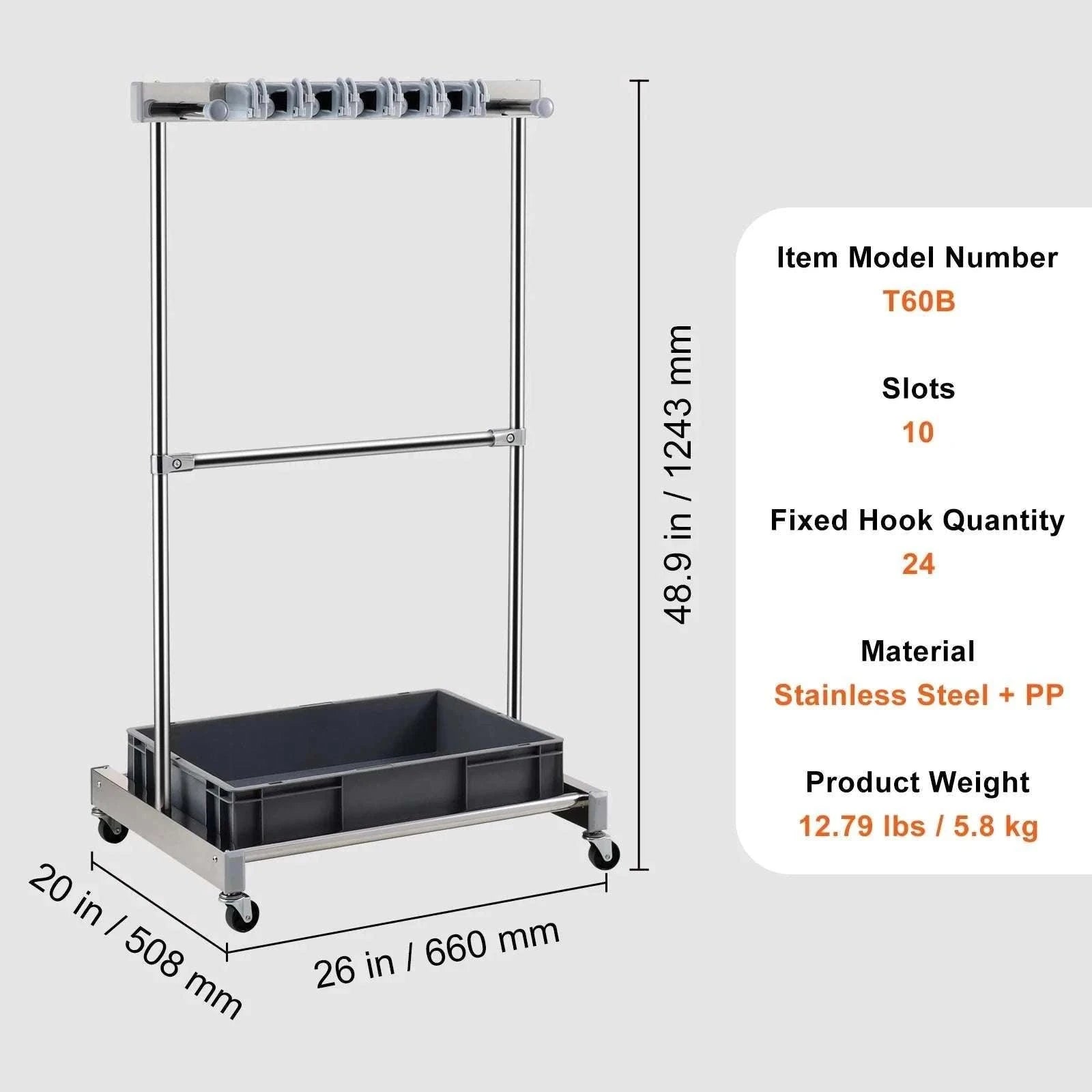 Garden Tool Organizer Rack with 10 Slots, Hooks & Rolling Wheels-10 Slots / United States