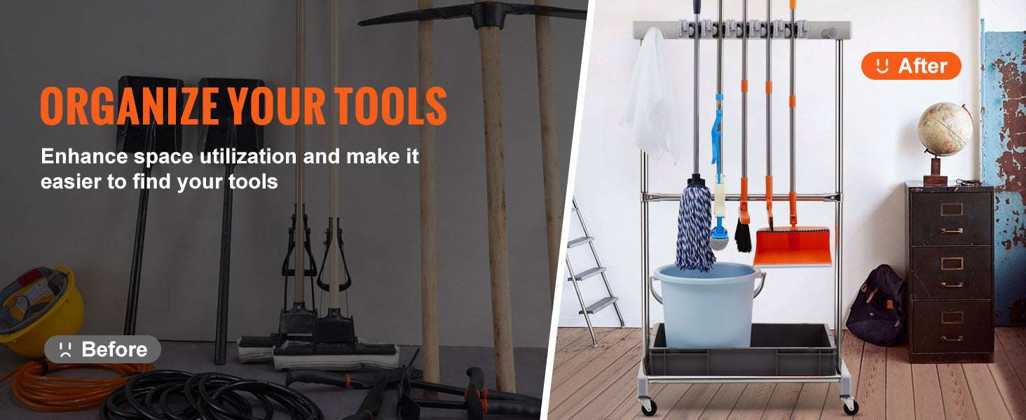 Garden Tool Organizer Rack with 10 Slots, Hooks & Rolling Wheels-10 Slots / United States