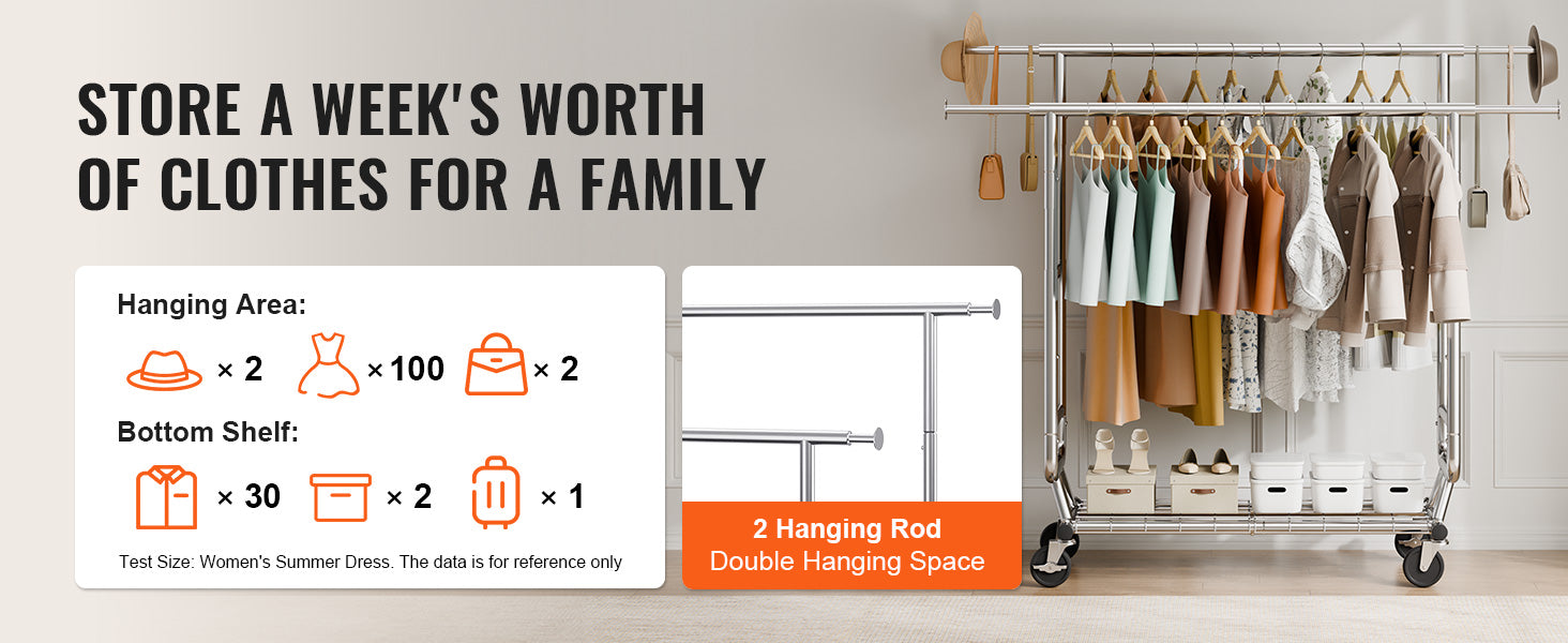 Adjustable Heavy Duty Garment Rack with Wheels & Storage Shelf