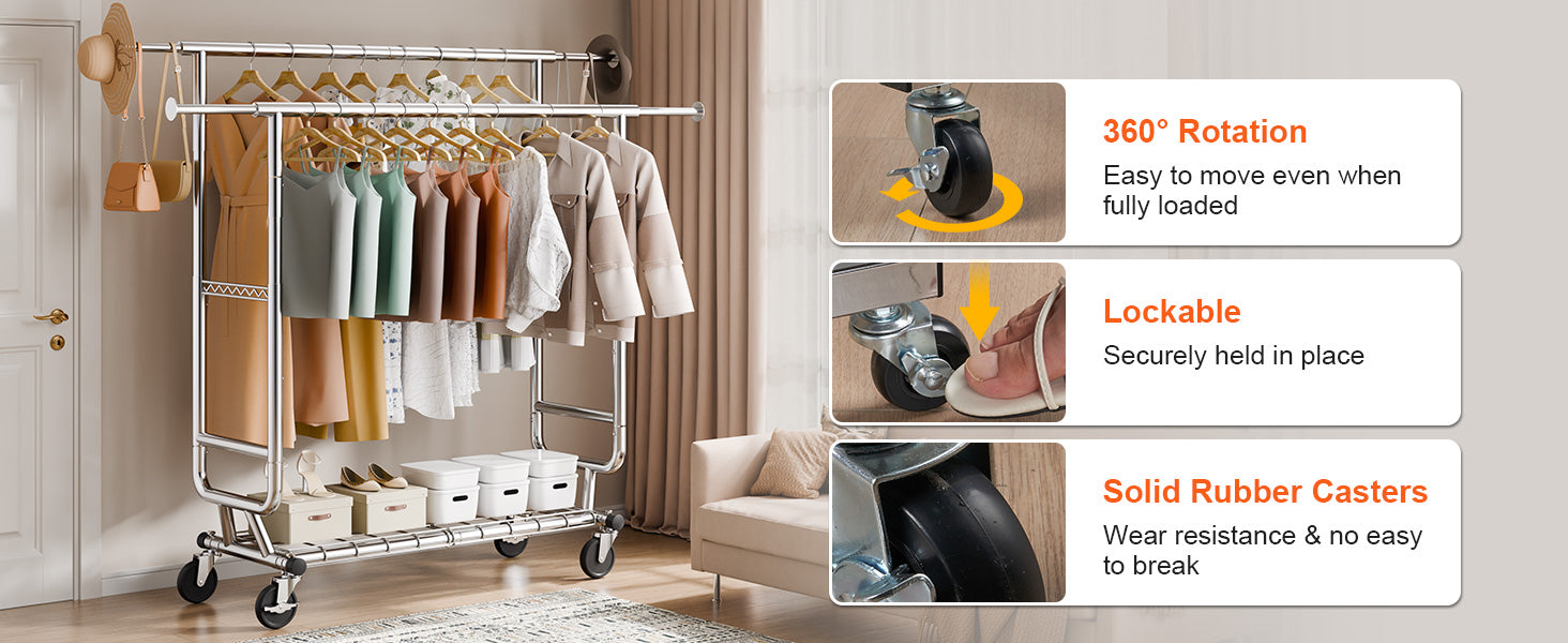Adjustable Heavy Duty Garment Rack with Wheels & Storage Shelf