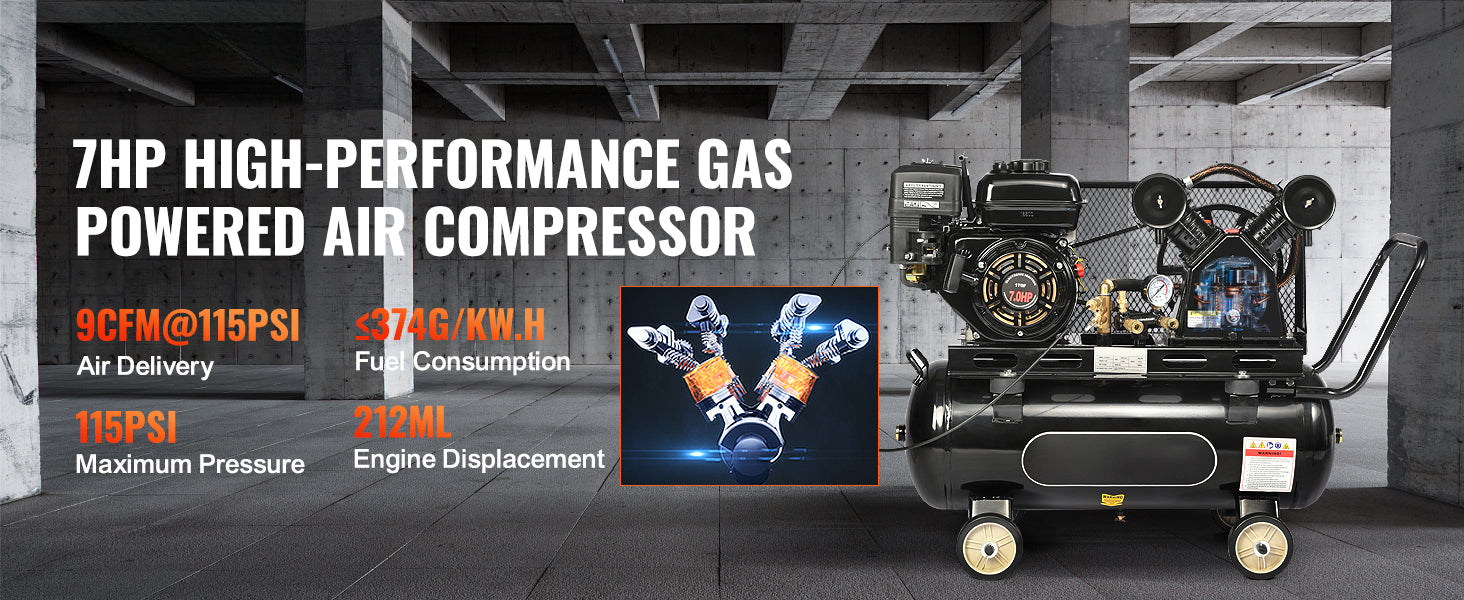 Compressore d’aria a gas 7HP/15HP SucceBuy, serbatoio per aria da 10/20/30 galloni, max pressione 115 PSI, per cantieri e officine.