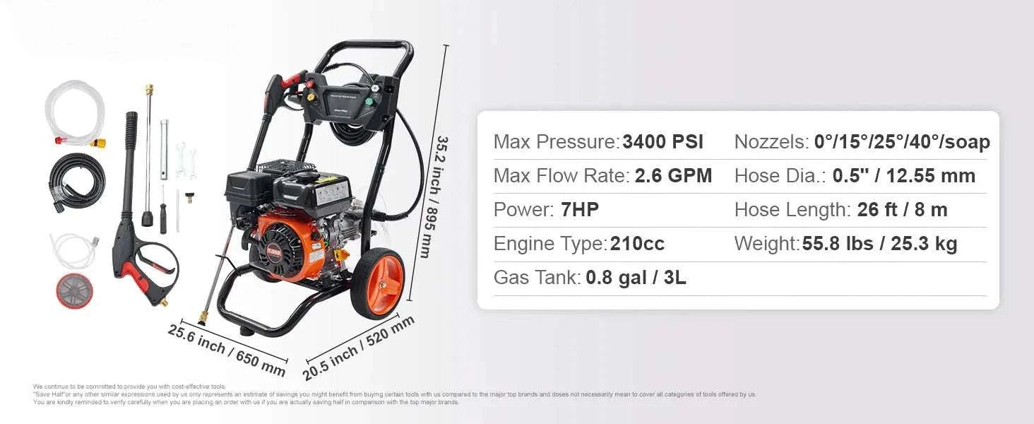 Gas Pressure Washer 3400 PSI 2.6 GPM with 5 Nozzles & Hose-United States