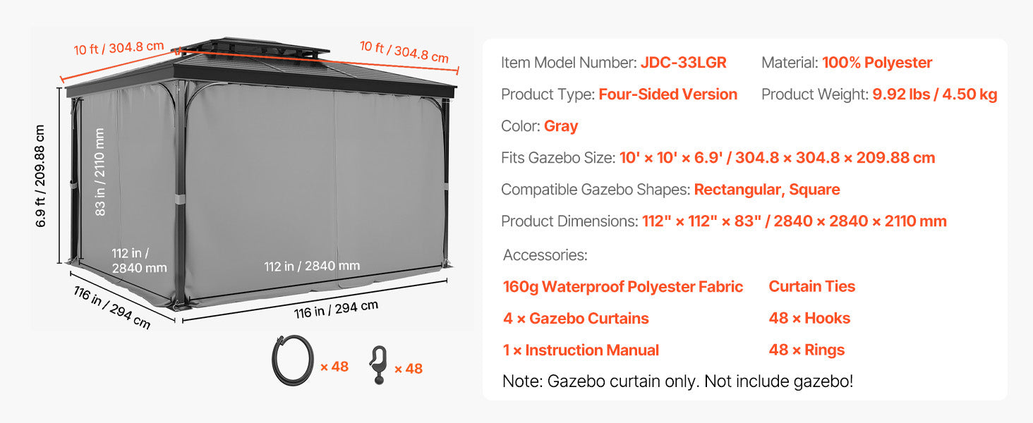 SucceBuy Gazebo Gardiner 4-panel sidevæg gazebo privatlivsgardiner med lynlåse universel solskærm gardiner erstatning til terrasse