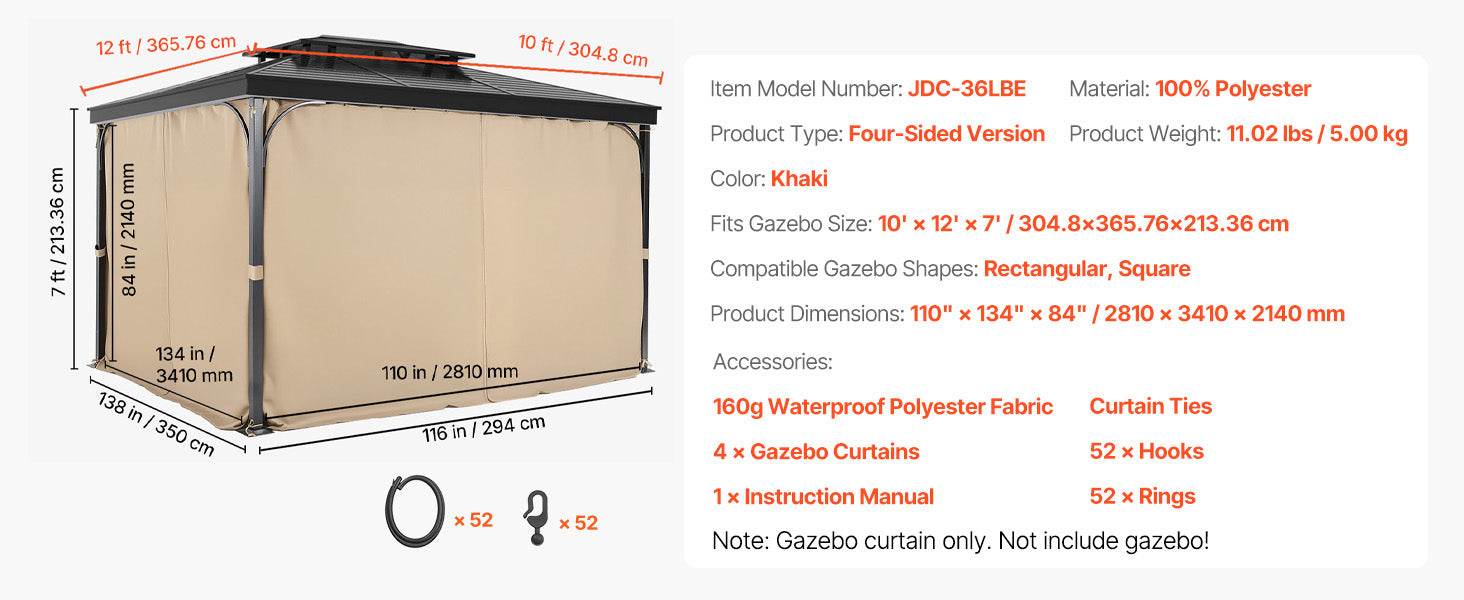 SucceBuy Gazebo Gardiner 4-panel sidevæg gazebo privatlivsgardiner med lynlåse universel solskærm gardiner erstatning til terrasse