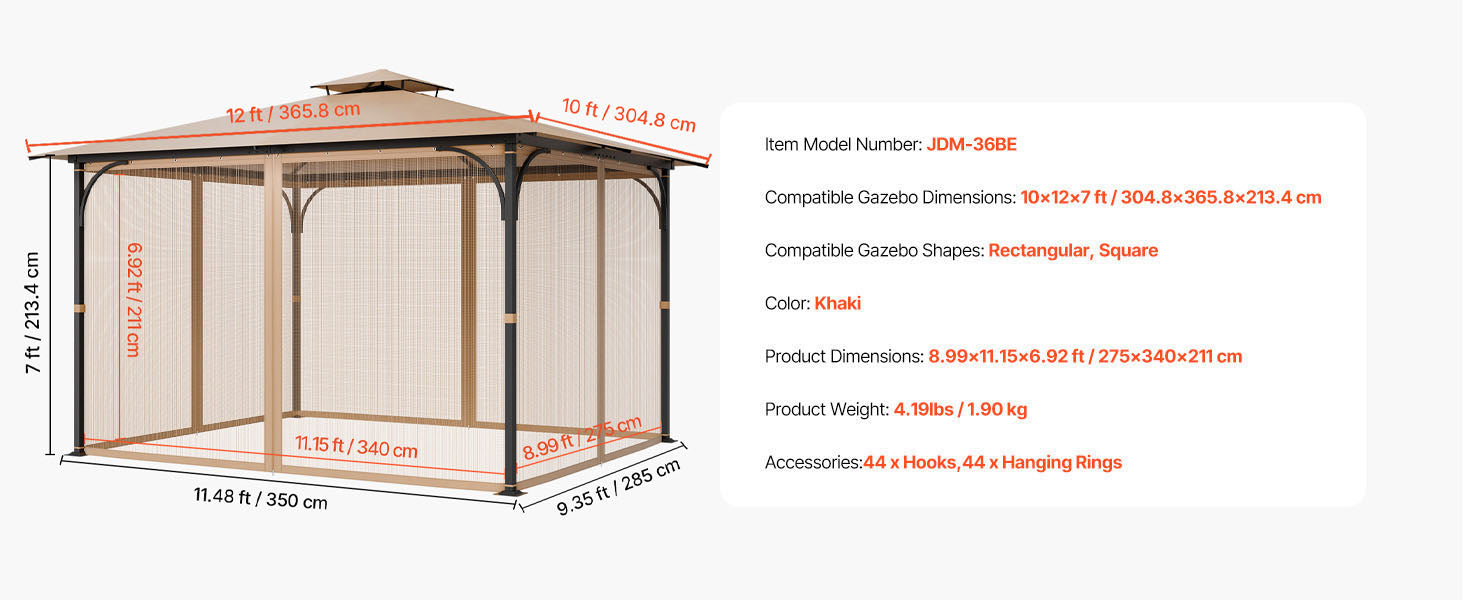 SucceBuy Plasă/Net gazebou înlocuire potrivit pentru majoritatea 10 x 12 x 7 ft Gazebo: perdea/tapiserie 4 panouri siderale plasă cort plasă ecran (Numai plasă)