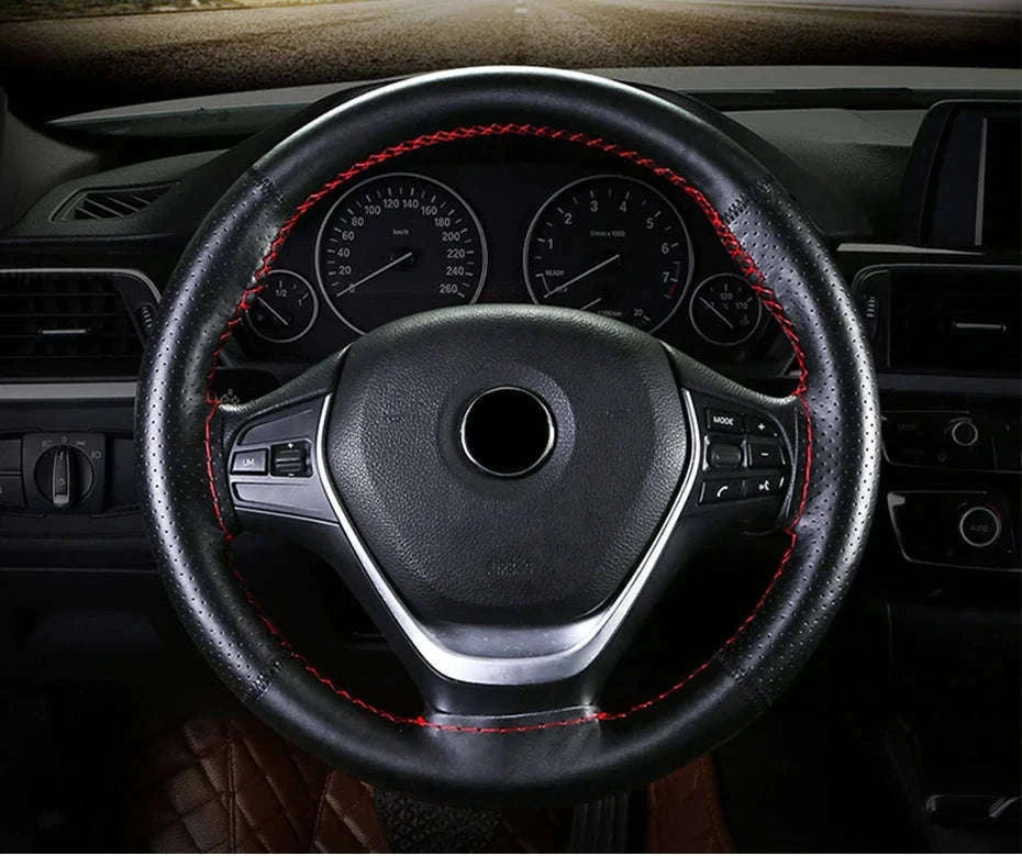 Genuine Leather Steering Wheel Cover-Black