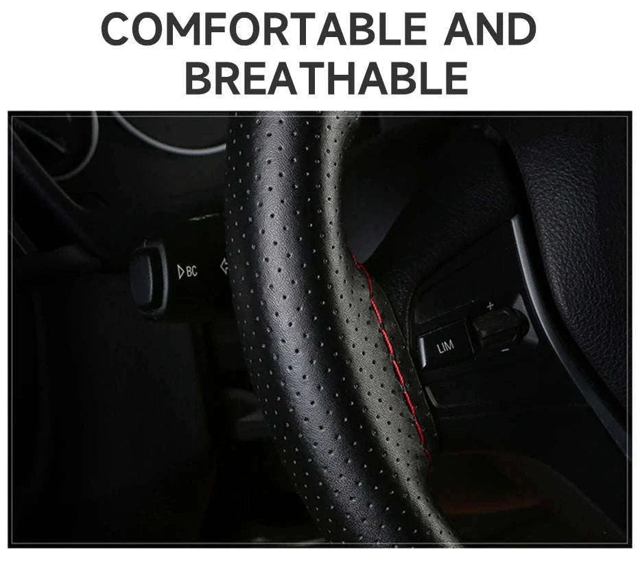 Genuine Leather Steering Wheel Cover-Black