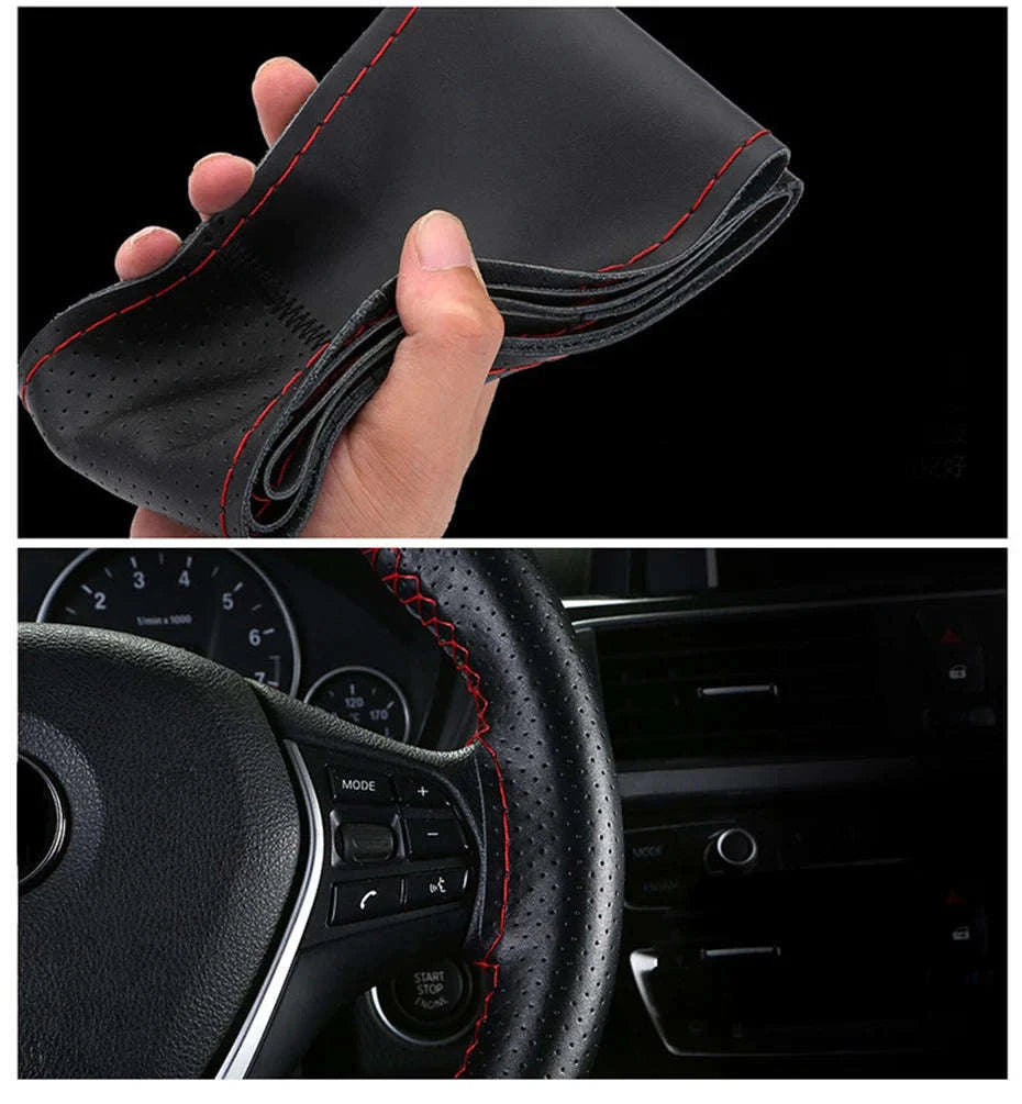 Genuine Leather Steering Wheel Cover-Black