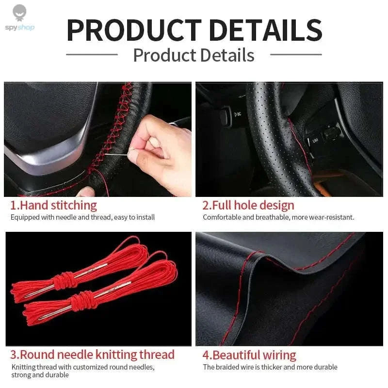 Genuine Leather Steering Wheel Cover-Style 2 Red