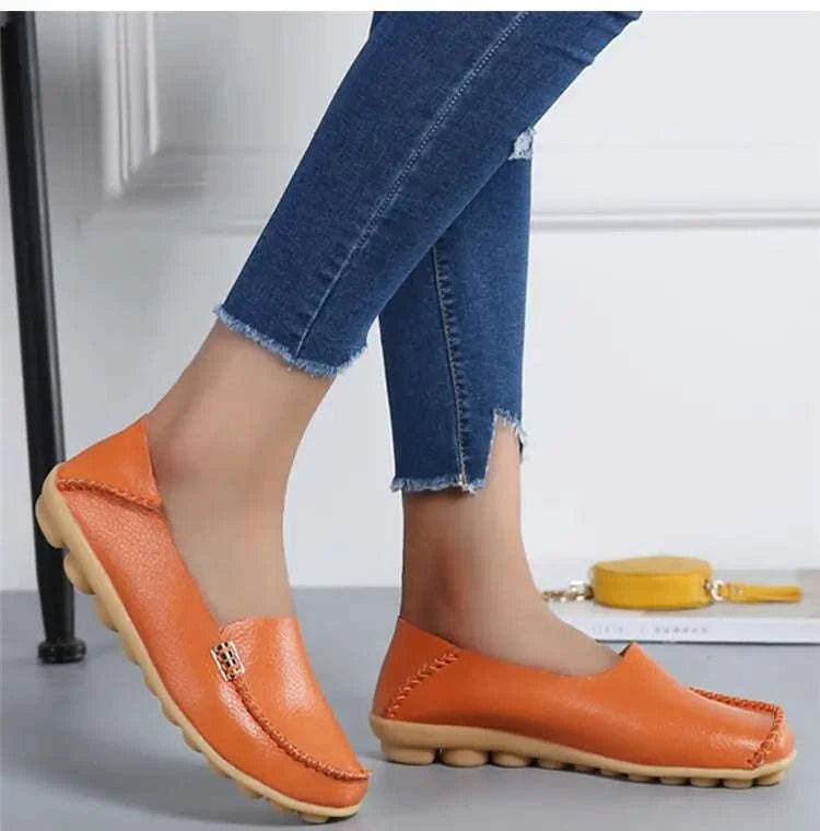 Genuine Leather Women Flats Retro Moccasins-Beige / 36