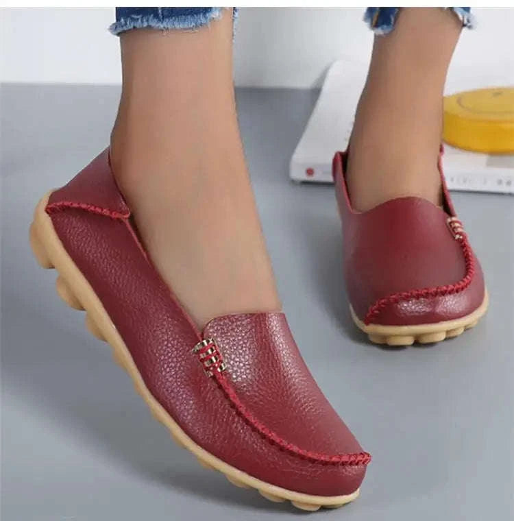 Genuine Leather Women Flats Retro Moccasins-Beige / 36