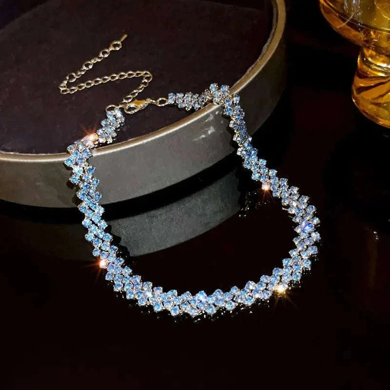 Geometric Crystal Rhinestone Choker Necklace for Evening Looks-dark blue