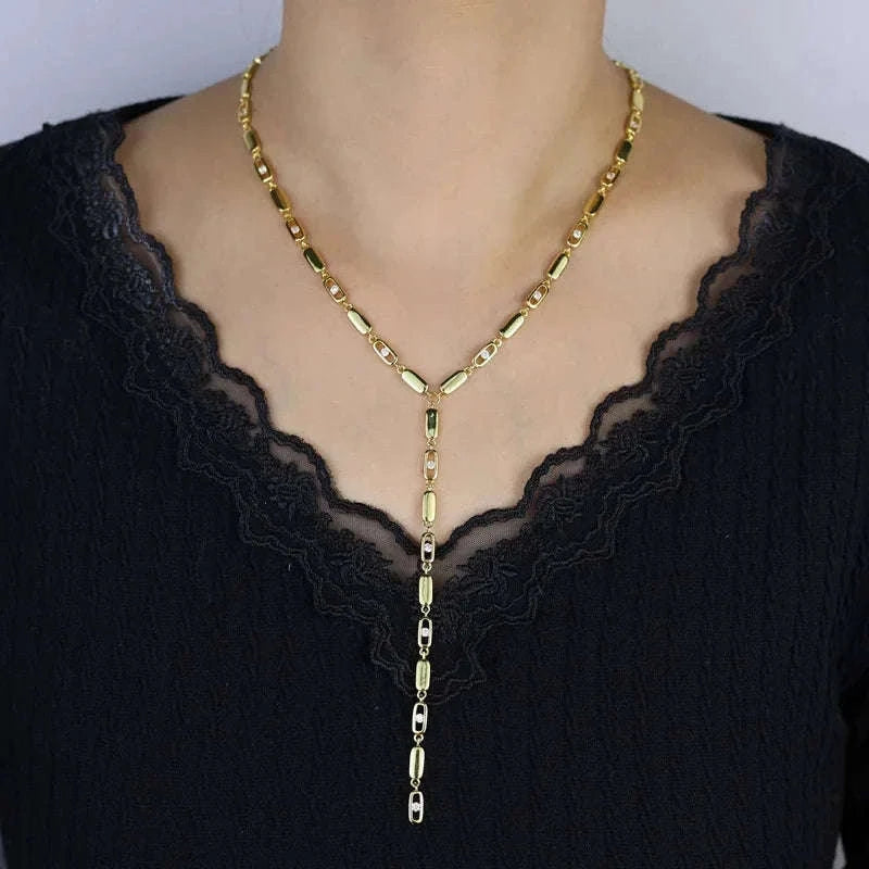 Geometric CZ Tennis Chain Y Lariat Necklace for Women – Elegant Choker Style-N482 gold
