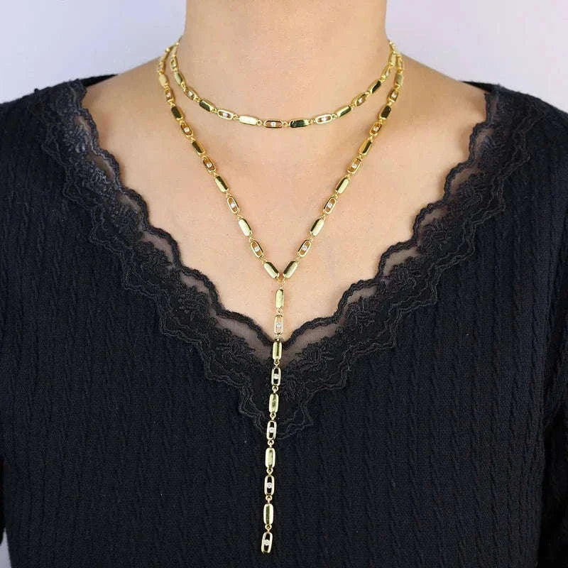 Geometric CZ Tennis Chain Y Lariat Necklace for Women – Elegant Choker Style-N482 gold